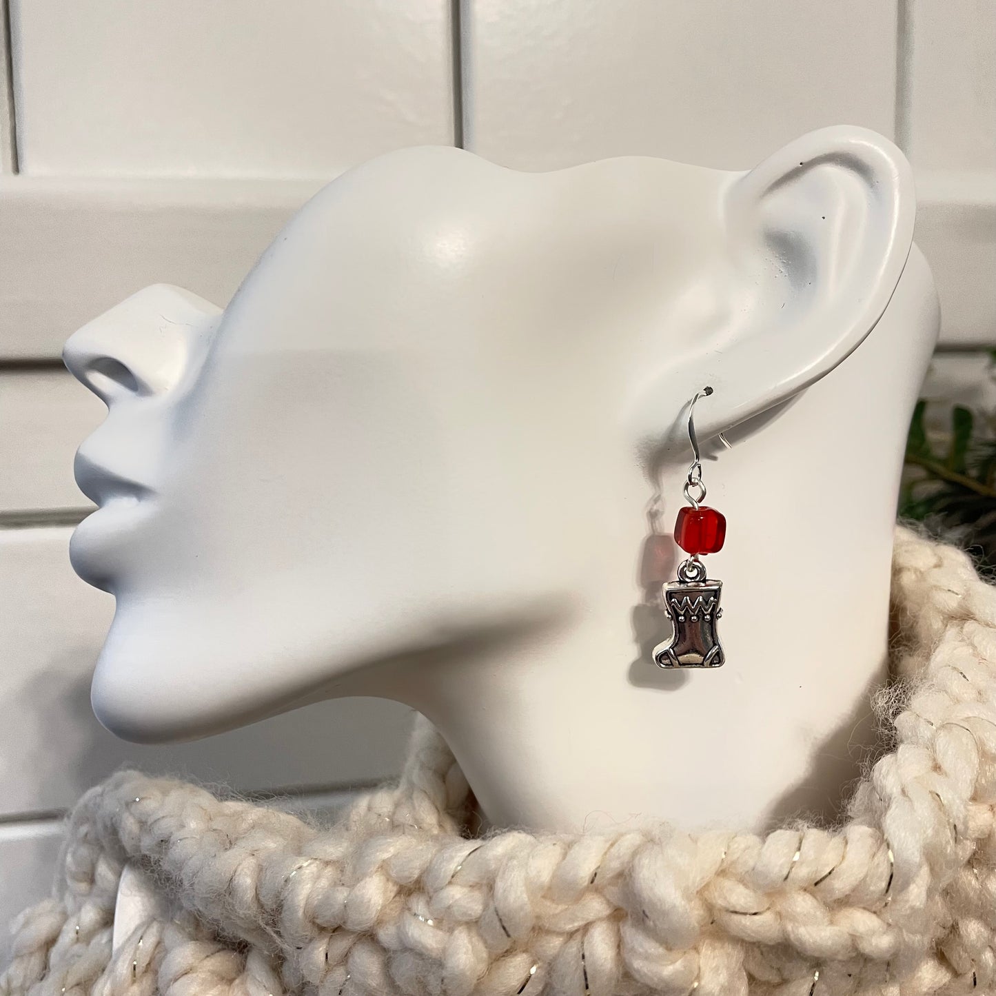 Handmade Christmas Stocking Charm Earrings Square Red Glass Bead Accent Mixed Metal Secret Santa Gift Casual Holiday Party