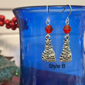 Handmade Christmas Tree Charm Earrings 2" Red Glass Bead Accent Mixed Metal Holiday Secret Santa Gift Idea