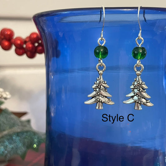 Handmade Christmas Tree With Garland Charm Earrings 1.75" Round Green Glass Bead Accent Mixed Metal Holiday Secret Santa Gift Idea