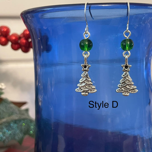 Handmade Christmas Tree With Star Charm Earrings Round Green Glass Bead Accent Mixed Metal Holiday Secret Santa Gift Idea