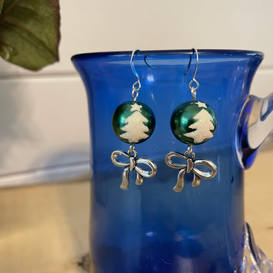 Green & Snowy Sparkle Christmas Tree Ball Ornament & Bow Earrings 2" Mixed Metal Holiday Playful Winter