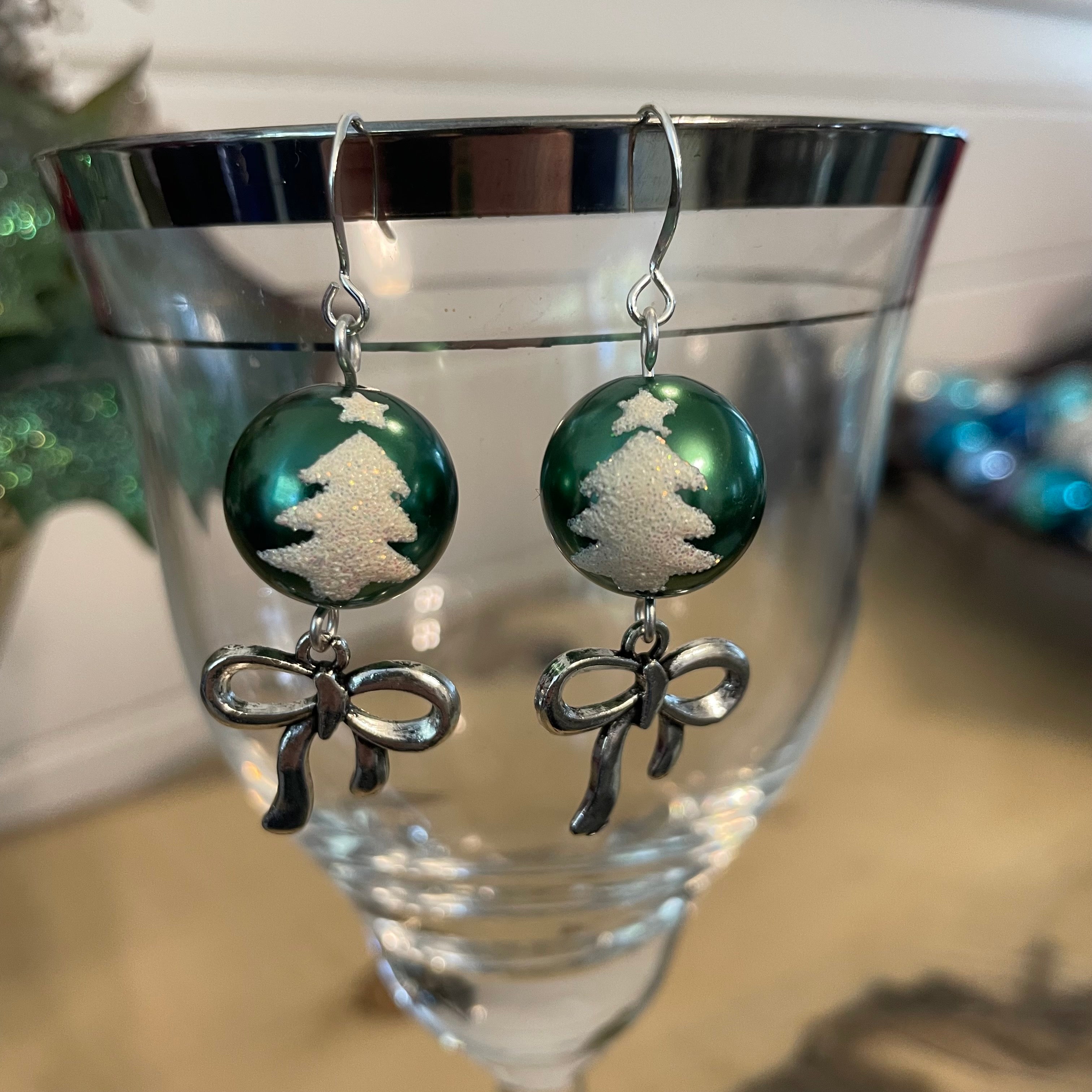Green & Snowy Sparkle Christmas Tree Ball Ornament & Bow Earrings 2" Mixed Metal Holiday Playful Winter