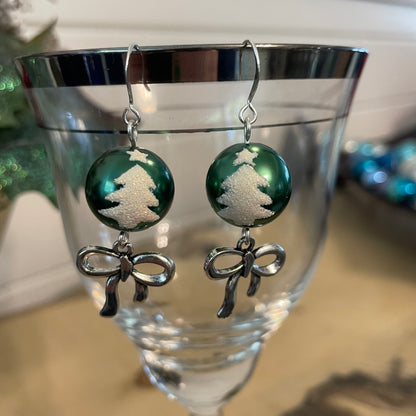 Green & Snowy Sparkle Christmas Tree Ball Ornament & Bow Earrings 2" Mixed Metal Holiday Playful Winter