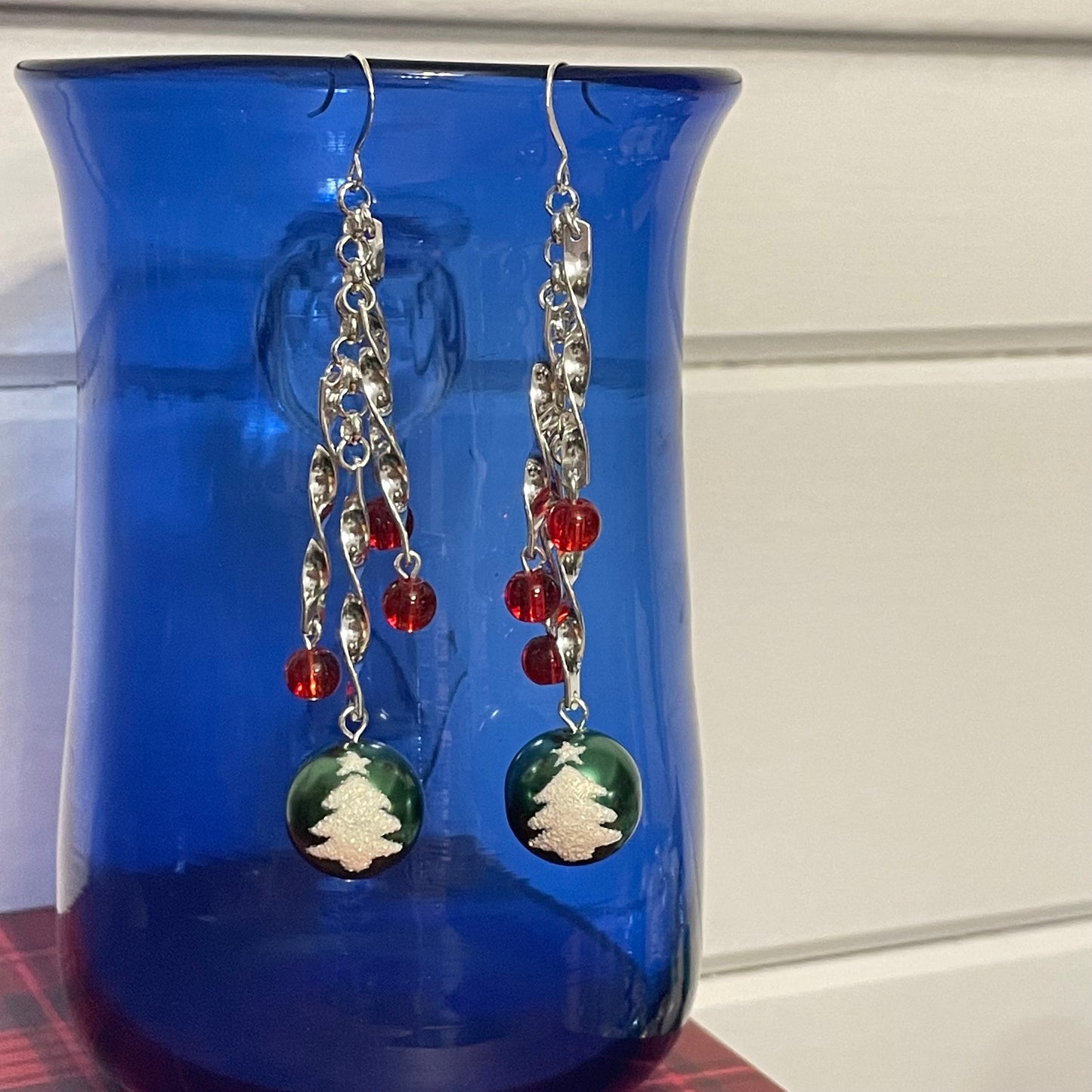 Long Twisted Bar & Christmas Tree Ornament Earrings Dangle Sparkle Red Green Silver Holiday Festive Party Colorful Statement