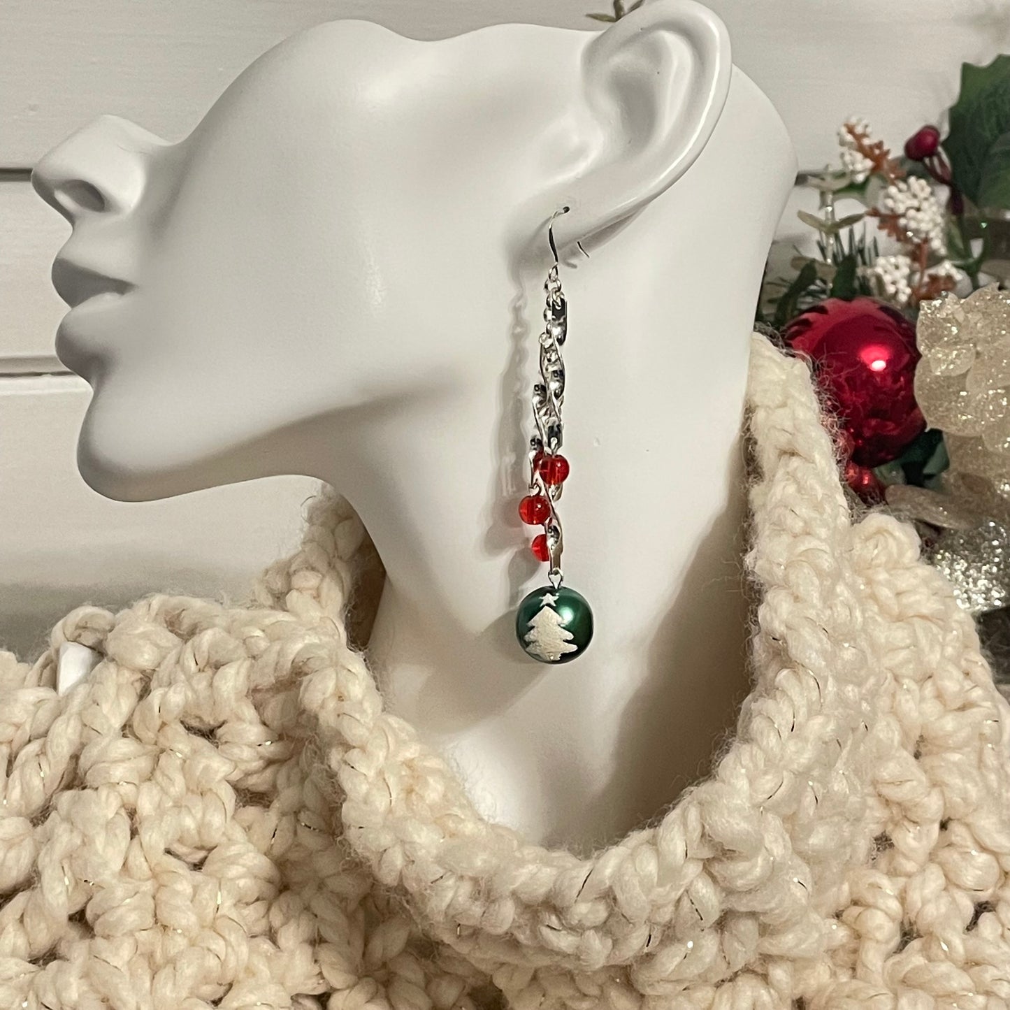 Long Twisted Bar & Christmas Tree Ornament Earrings Dangle Sparkle Red Green Silver Holiday Festive Party Colorful Statement