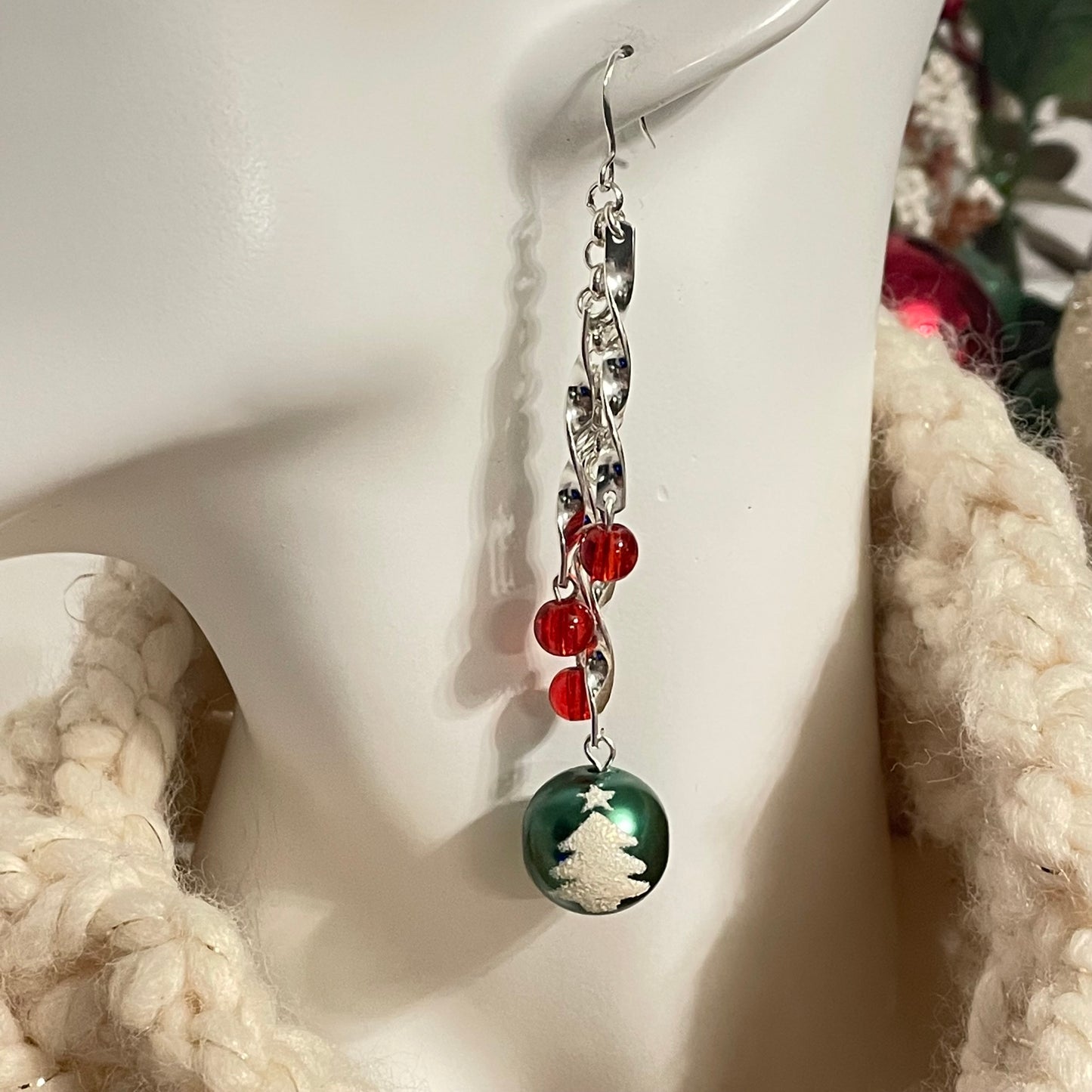 Long Twisted Bar & Christmas Tree Ornament Earrings Dangle Sparkle Red Green Silver Holiday Festive Party Colorful Statement