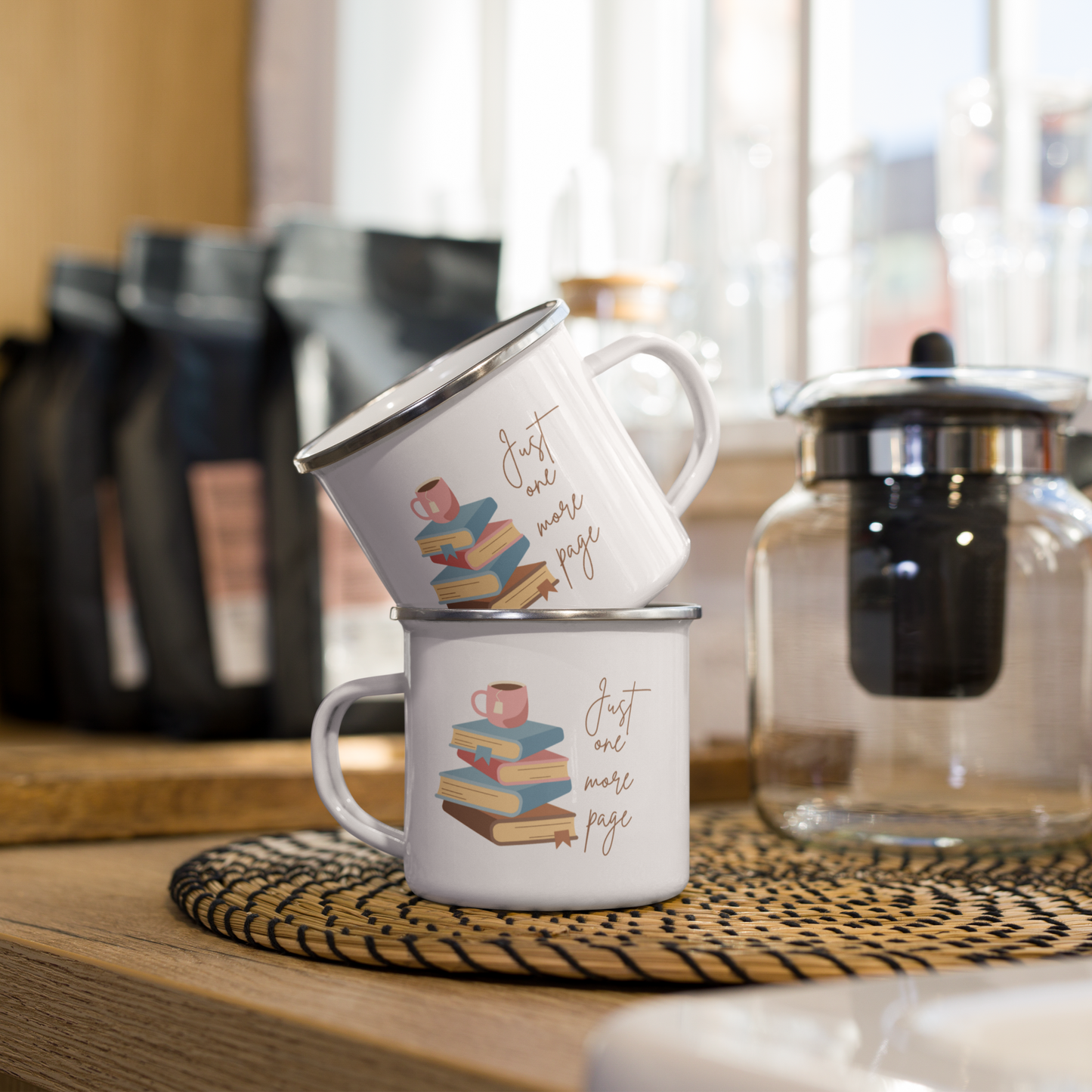 Enamel Coffee Mug Just One More Page Book Lover Bookworm Gift Women Men Mom Dad Friend Retro Tea Cup Camping Hot Cold Outdoor