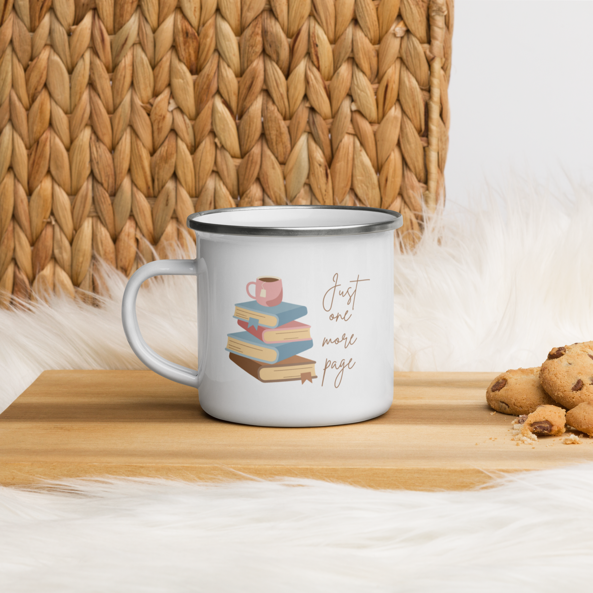 Just One More Page | Coffee Mug Enamel Book Lover Bookworm Gift Women Men Mom Dad Friend Retro Tea Cup Camping Hot Cold Outdoor