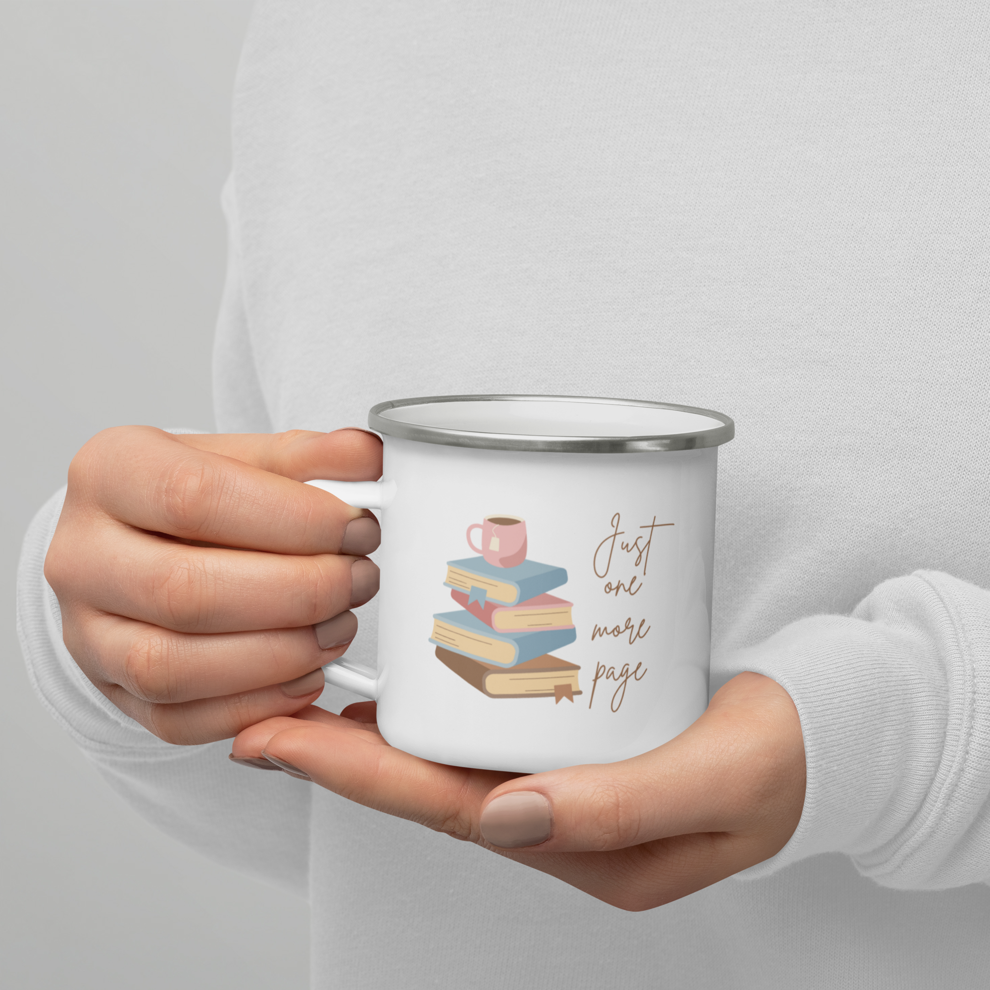 Just One More Page | Coffee Mug Enamel Book Lover Bookworm Gift Women Men Mom Dad Friend Retro Tea Cup Camping Hot Cold Outdoor