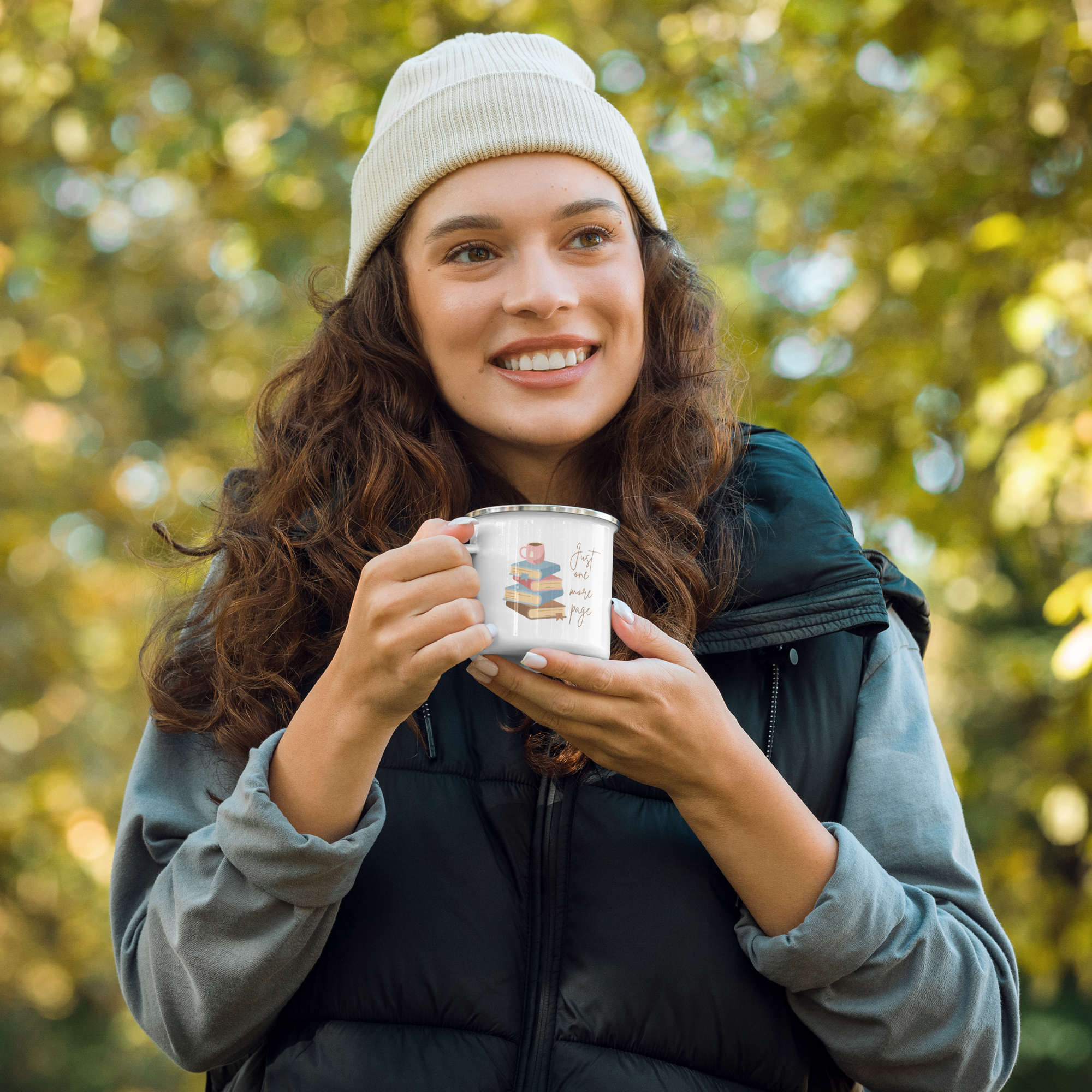 Just One More Page | Coffee Mug Enamel Book Lover Bookworm Gift Women Men Mom Dad Friend Retro Tea Cup Camping Hot Cold Outdoor