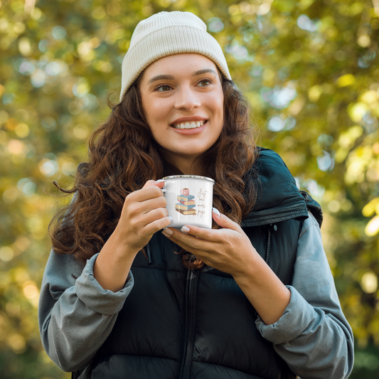 Enamel Coffee Mug Just One More Page Book Lover Bookworm Gift Women Men Mom Dad Friend Retro Tea Cup Camping Hot Cold Outdoor