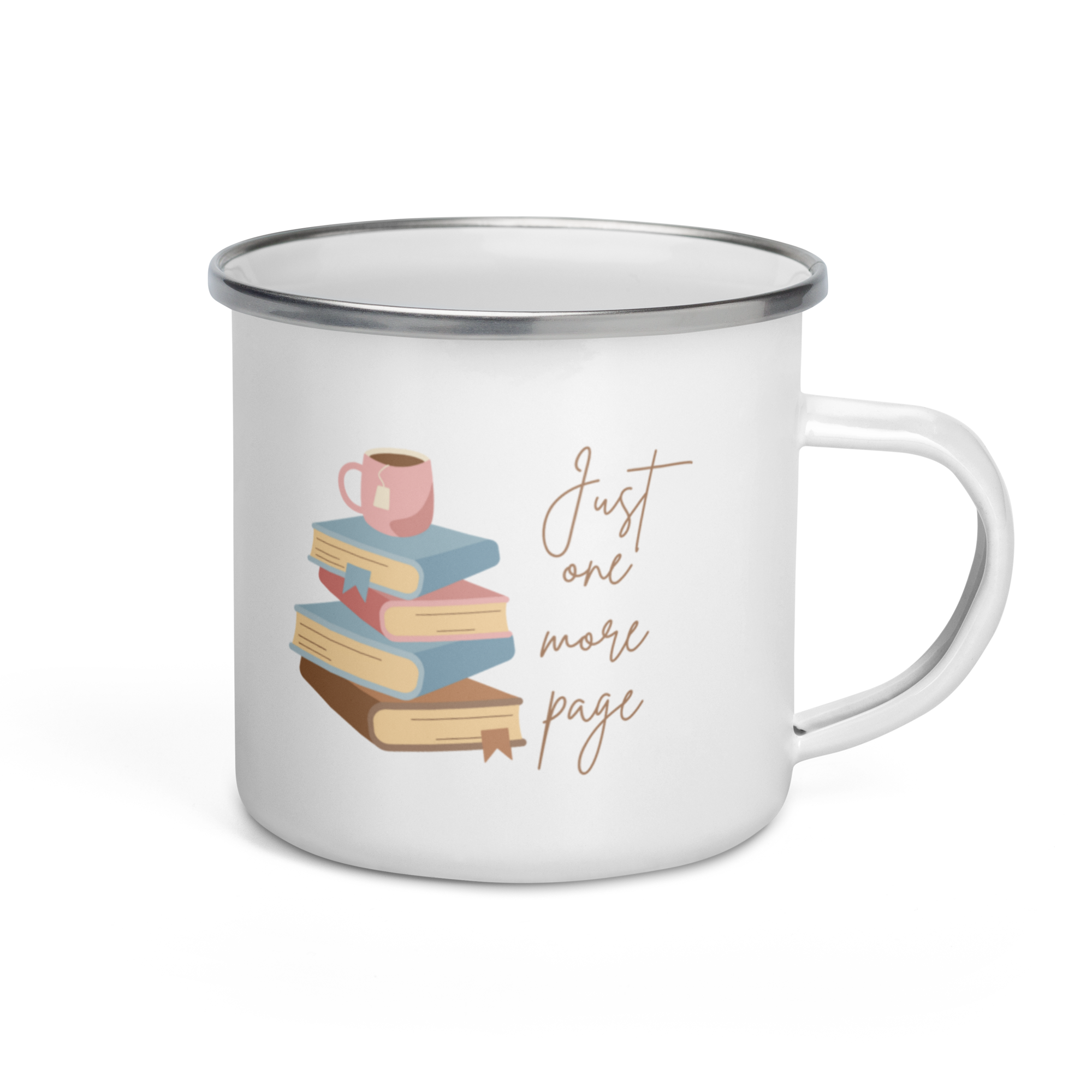 Just One More Page | Coffee Mug Enamel Book Lover Bookworm Gift Women Men Mom Dad Friend Retro Tea Cup Camping Hot Cold Outdoor