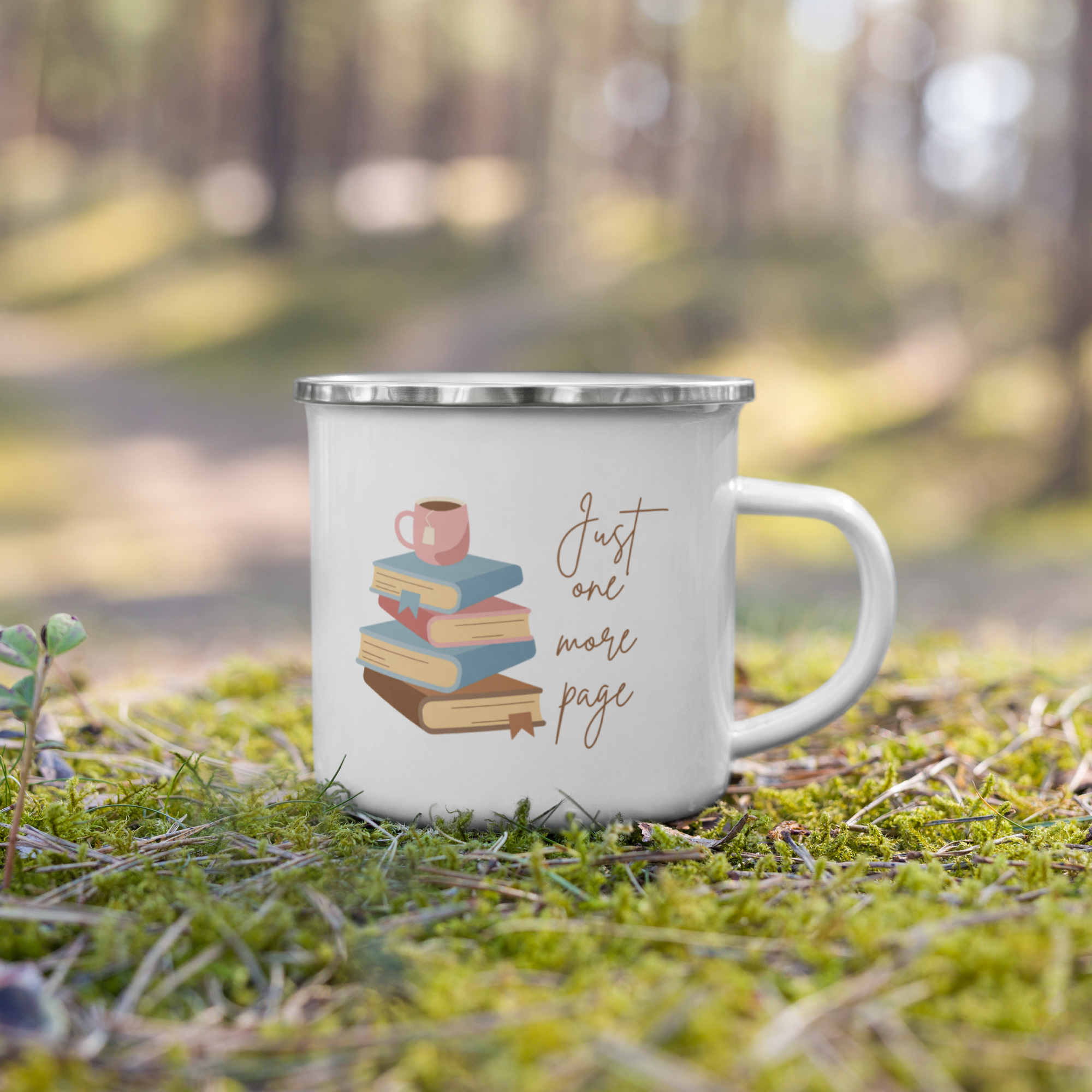 Just One More Page | Coffee Mug Enamel Book Lover Bookworm Gift Women Men Mom Dad Friend Retro Tea Cup Camping Hot Cold Outdoor