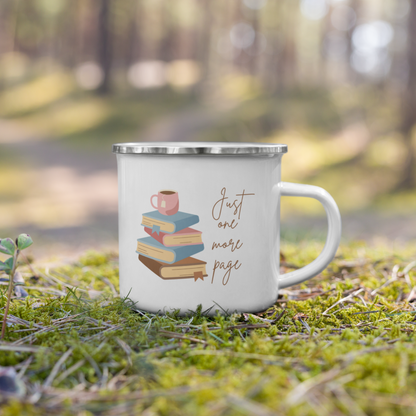 Enamel Coffee Mug Just One More Page Book Lover Bookworm Gift Women Men Mom Dad Friend Retro Tea Cup Camping Hot Cold Outdoor