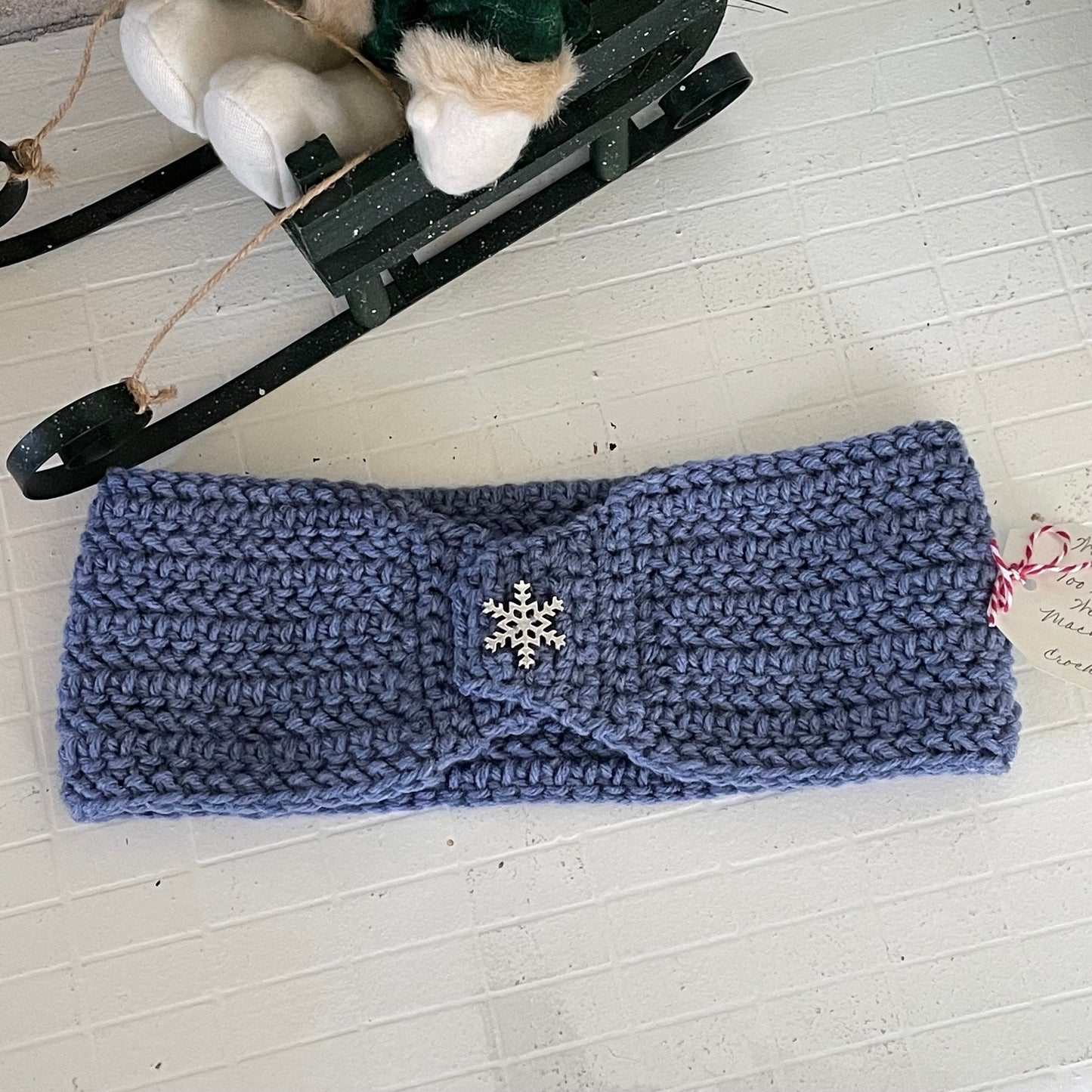 Periwinkle & Metal Snowflake Ear Warmer Headband Crochet Knit Hand Crafted Outdoor Fall Winter Hiking Running Blue Purple Pastel
