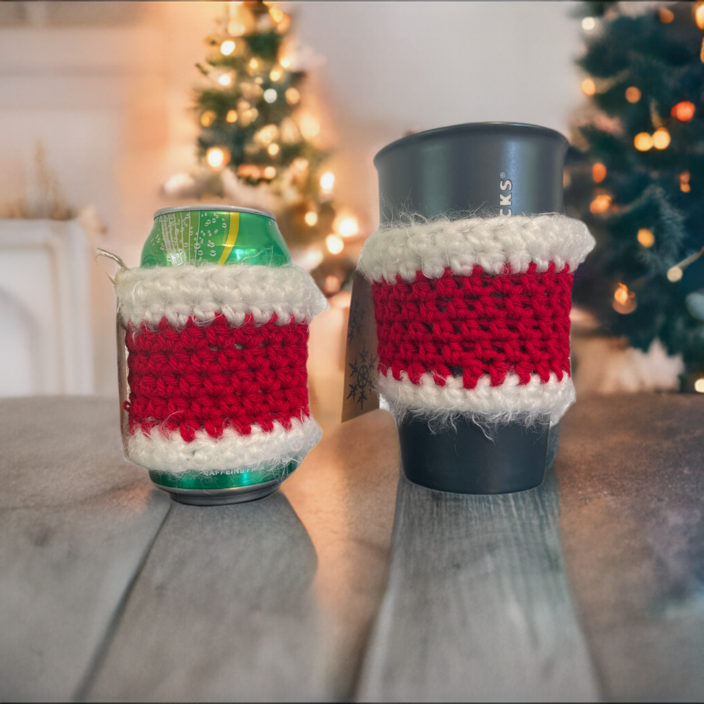 2 Pack Fuzzy Red & White Stripe Cup Can Cozies Huggies Koozies Hand Crocheted Indoor Outdoor Host Hostess Party Casual Gift Set Christmas Holiday