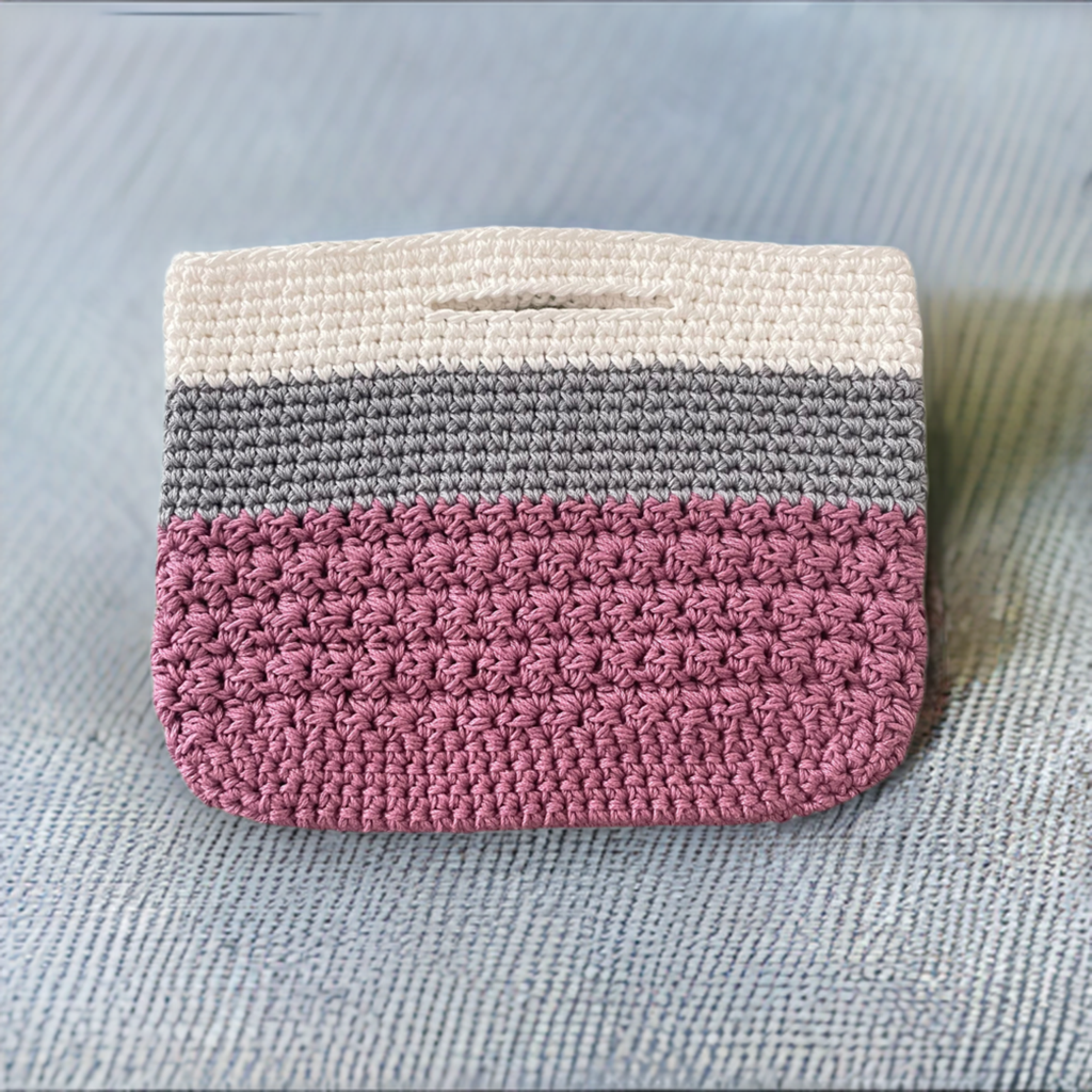 Colorblock Hand Crocheted Handled Purse Medium Knit Handbag Boho Minimalist Chic Cottagecore Violet White Gray 100% Cotton
