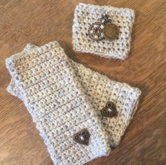 Crocheted Gift Set Fingerless Gloves & Cup Cozy in Speckled Wheat Tweed Gear Heart Accent Knit Spring Fall Winter Boho Bohemian Handmade--items displayed flat