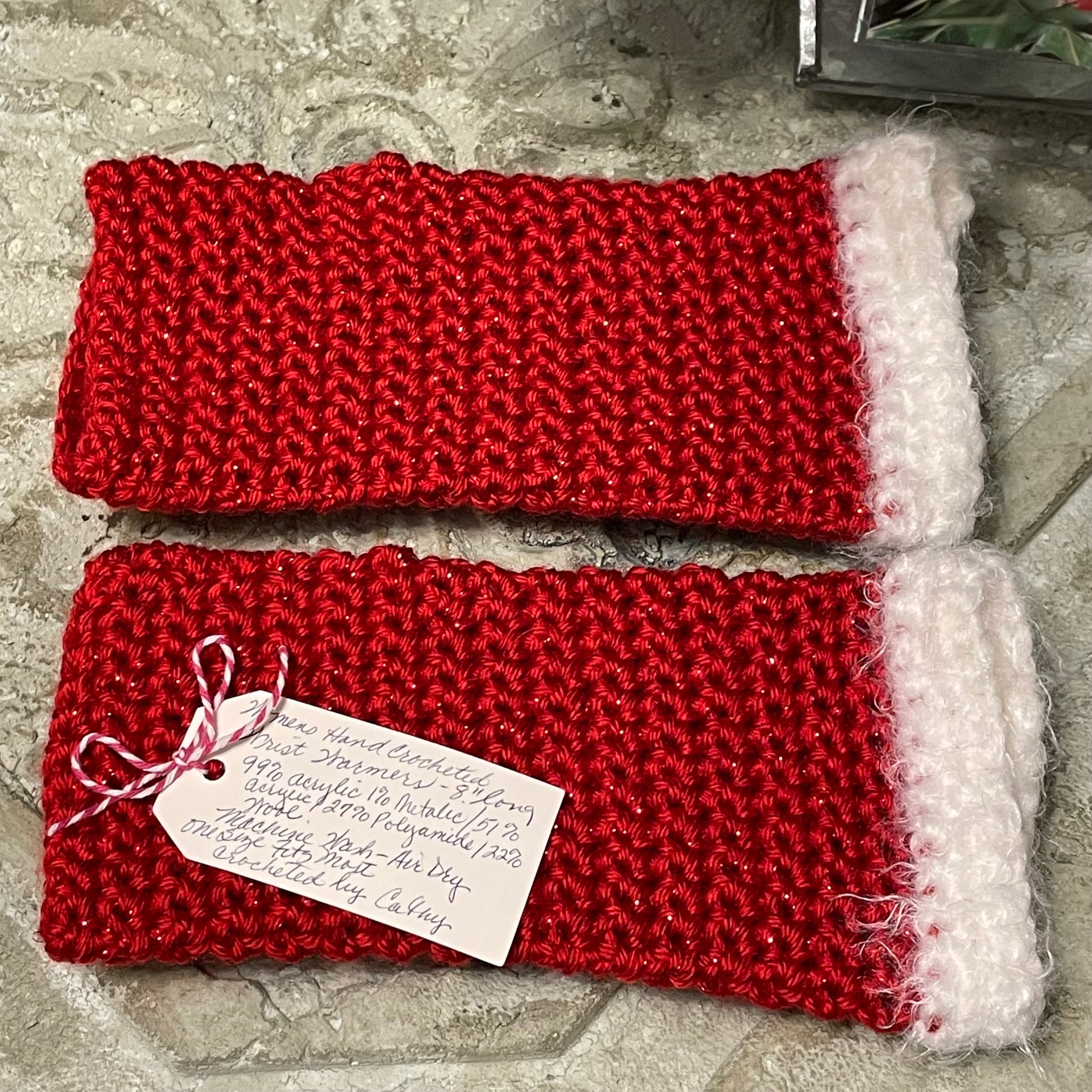 Extra Soft Red Glitter & White Trim Gaming Texting Writing Tech Fingerless Gloves Wrist Warmers Holiday Christmas Winter--flat view against pale stone backdrop