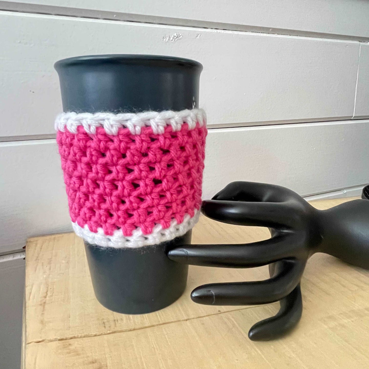 Single Cup Coffee Tea Cozy in Pink & White Stripe Reusable Recycle Koozie Crochet Drink Sleeve Accessory