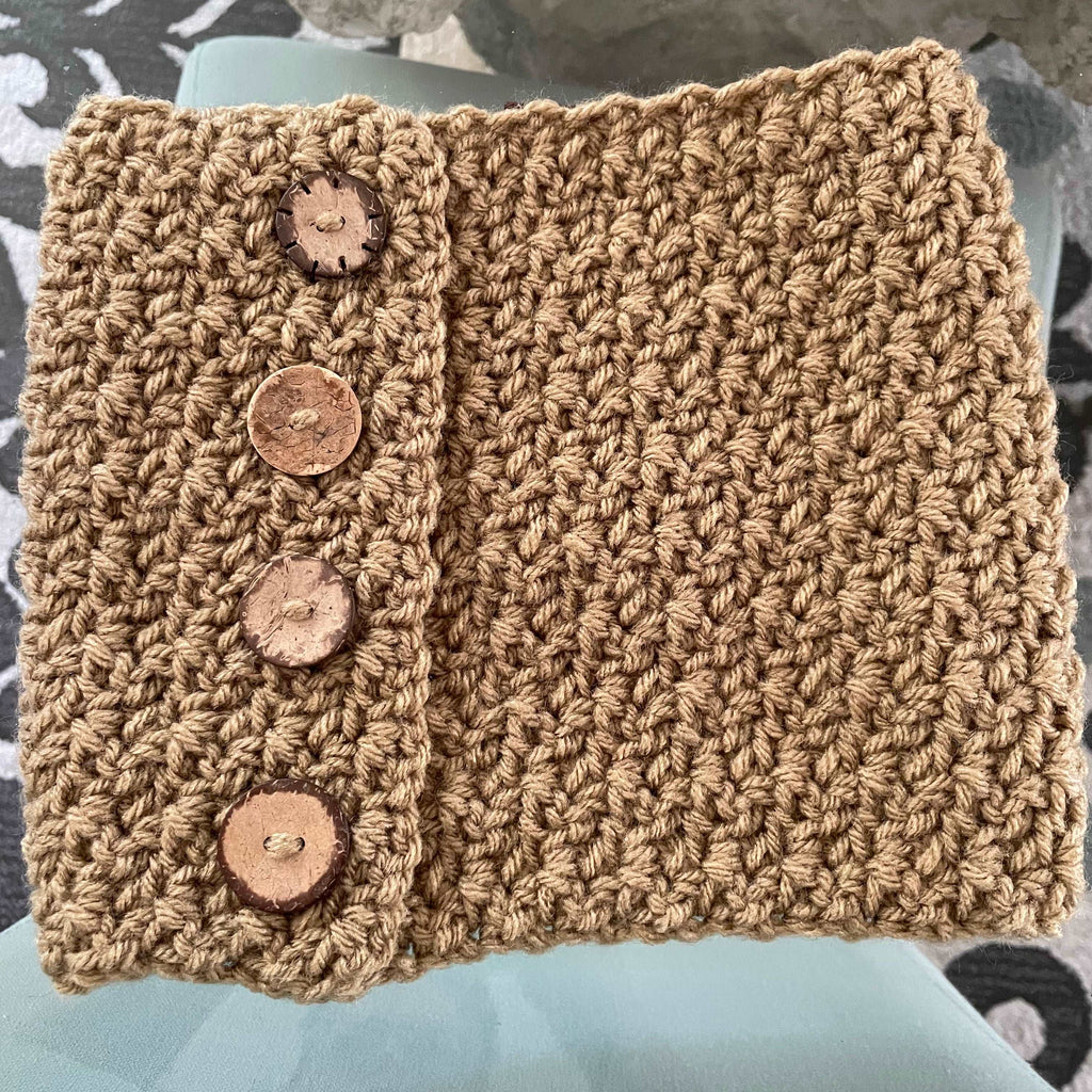 Salted Caramel Taupe Cowl Scarf Embellished Button Accents Unisex Crochet Knit