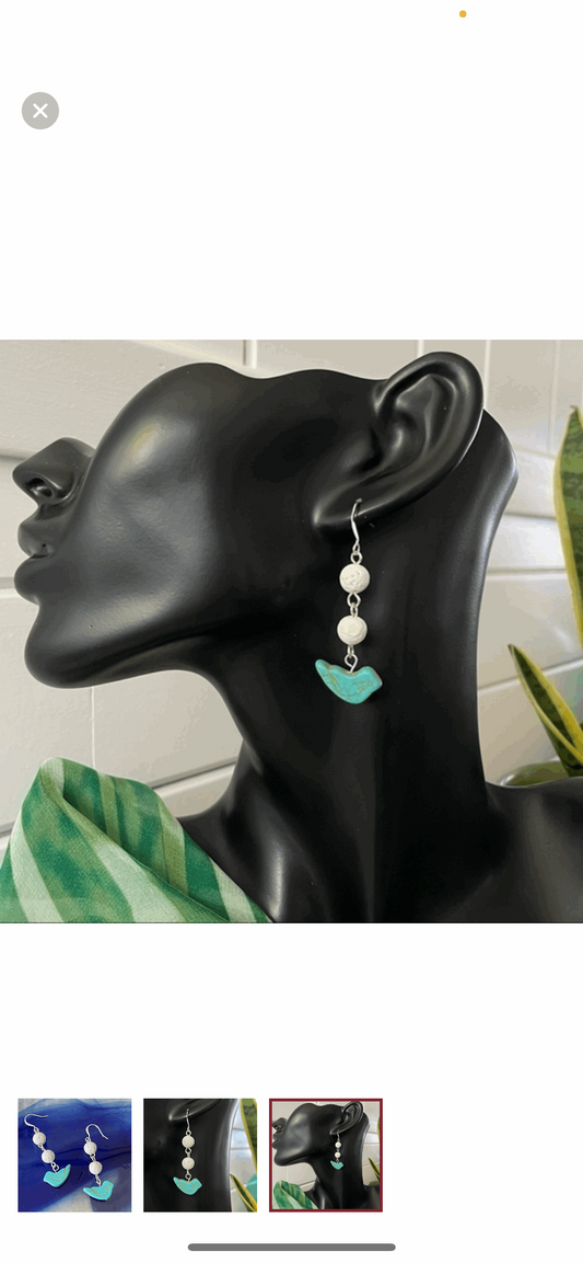 Round Lava Stone & Bird Drop Earrings 2.25” Pastel Blue White Coastal Spring Summer Vacation