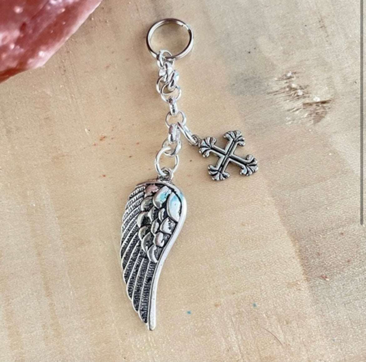 Small Cross & Angel Wing Keychain 3.25”