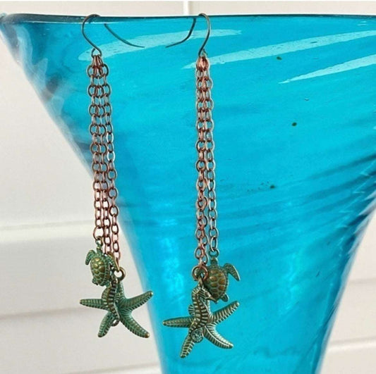 Long Mixed Metal Antiqued Brass Copper Dangle Statement Earrings 4” Turtle Starfish Seahorse Rustic Coastal Vacation