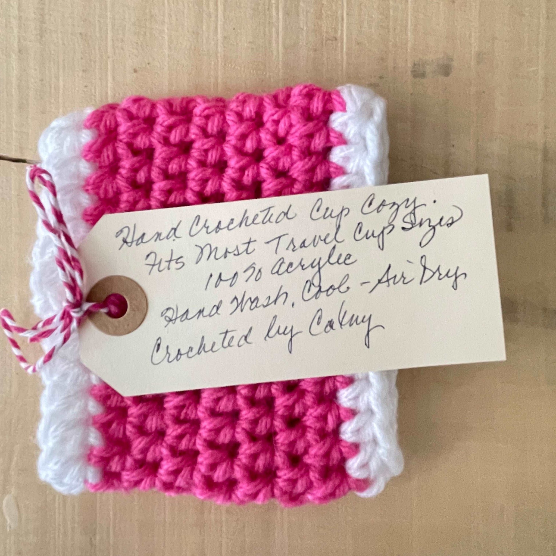 Single Cup Coffee Tea Cozy in Pink & White Stripe Reusable Recycle Koozie Crochet Drink Sleeve Accessory