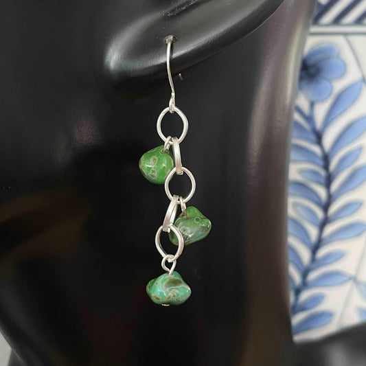 Abstract Green Glass Bead & Matte Chain Dangle Earrings 2" Spring Summer, close up