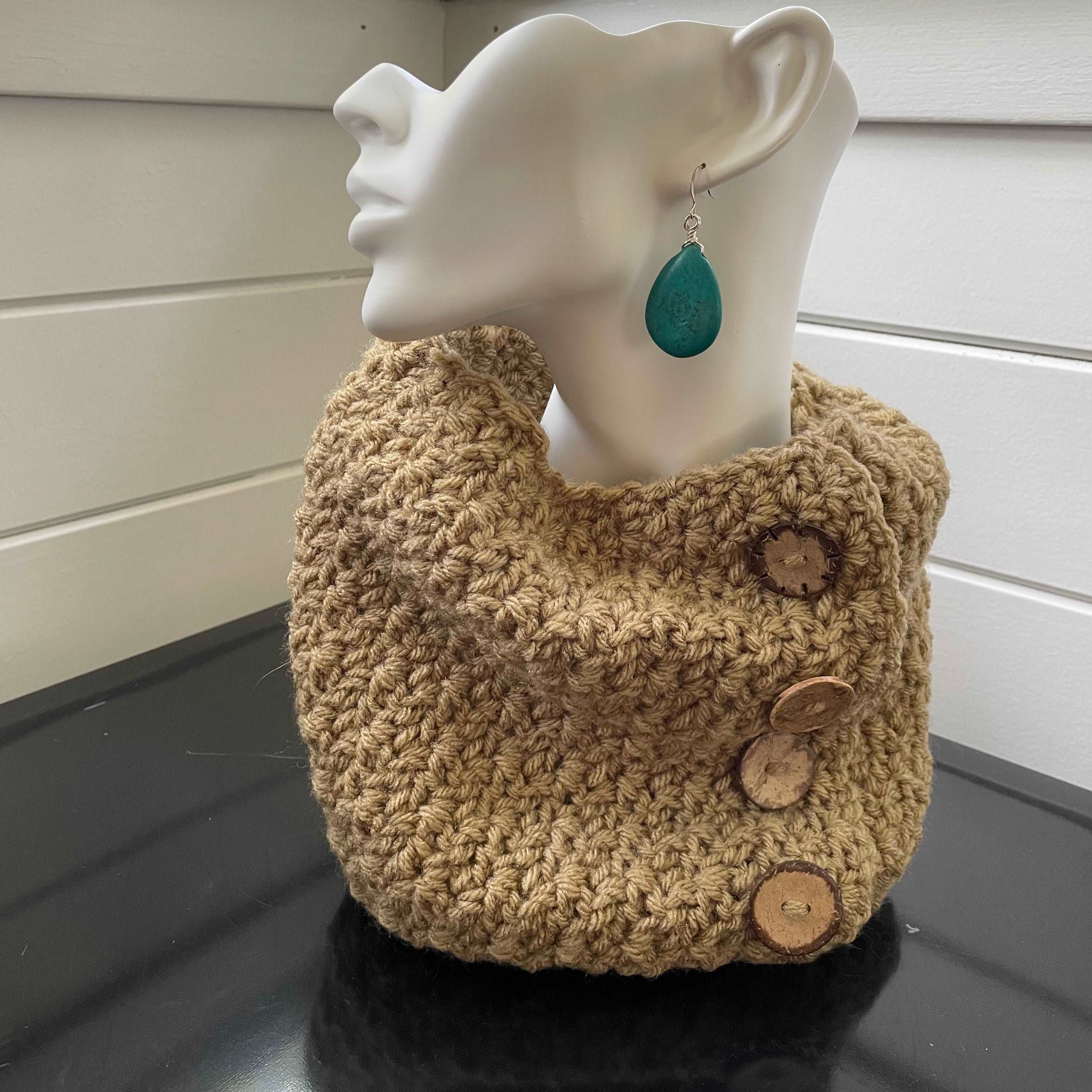 Salted Caramel Taupe Cowl Scarf Embellished Button Accents Unisex Crochet Knit