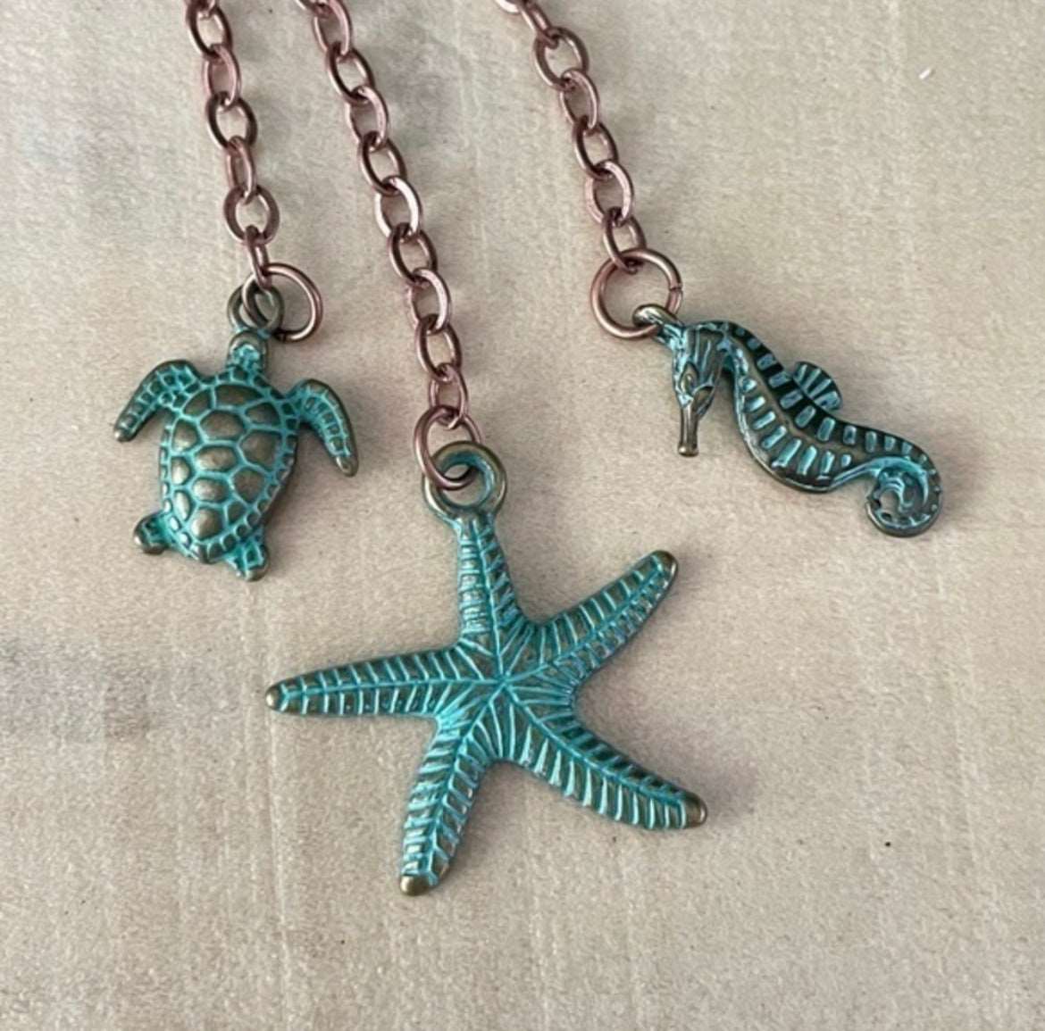 Long Mixed Metal Antiqued Brass Copper Dangle Statement Earrings 4” Turtle Starfish Seahorse Rustic Coastal Vacation