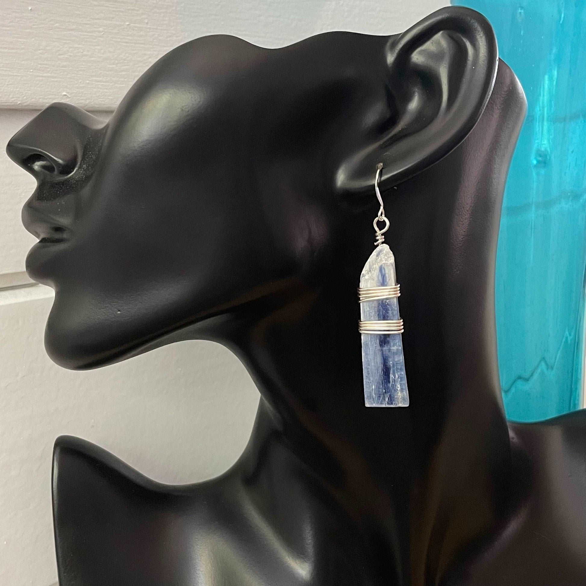 Wrapped Blue Kyanite Statement Earrings 2.5” Handmade Boho