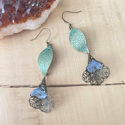 Antiqued Brass Leaf & Pastel Blue Flower Earrings 3" Abstract Peacock