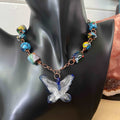Molded Glass Butterfly & Millefiori Glass Chunky Bead Pendant Statement Necklace Copper Spring Summer Boho