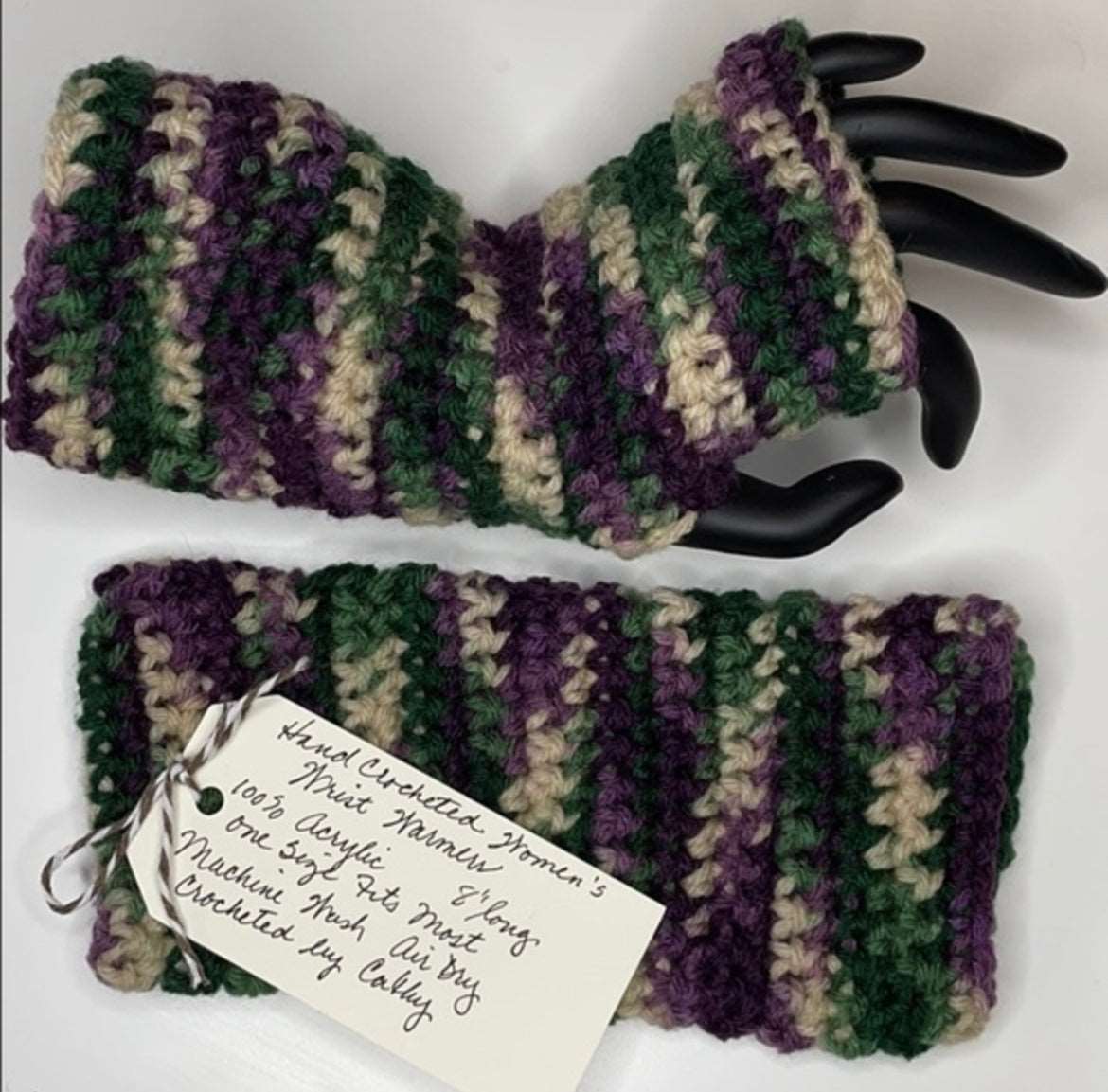 Gaming Texting Fingerless Gloves Marbled Purple Green Tan Crochet Knit Writing Tech Wrist Warmers