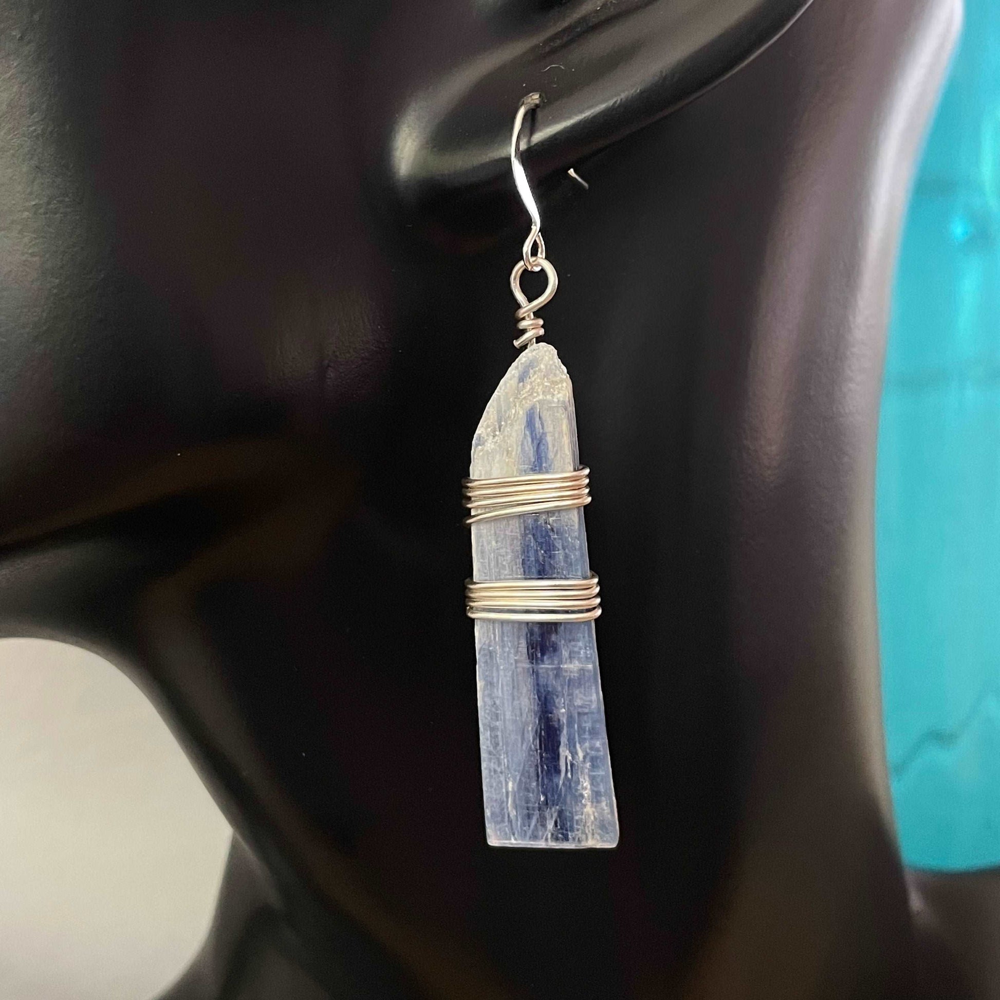 Wrapped Blue Kyanite Statement Earrings 2.5” Handmade Boho