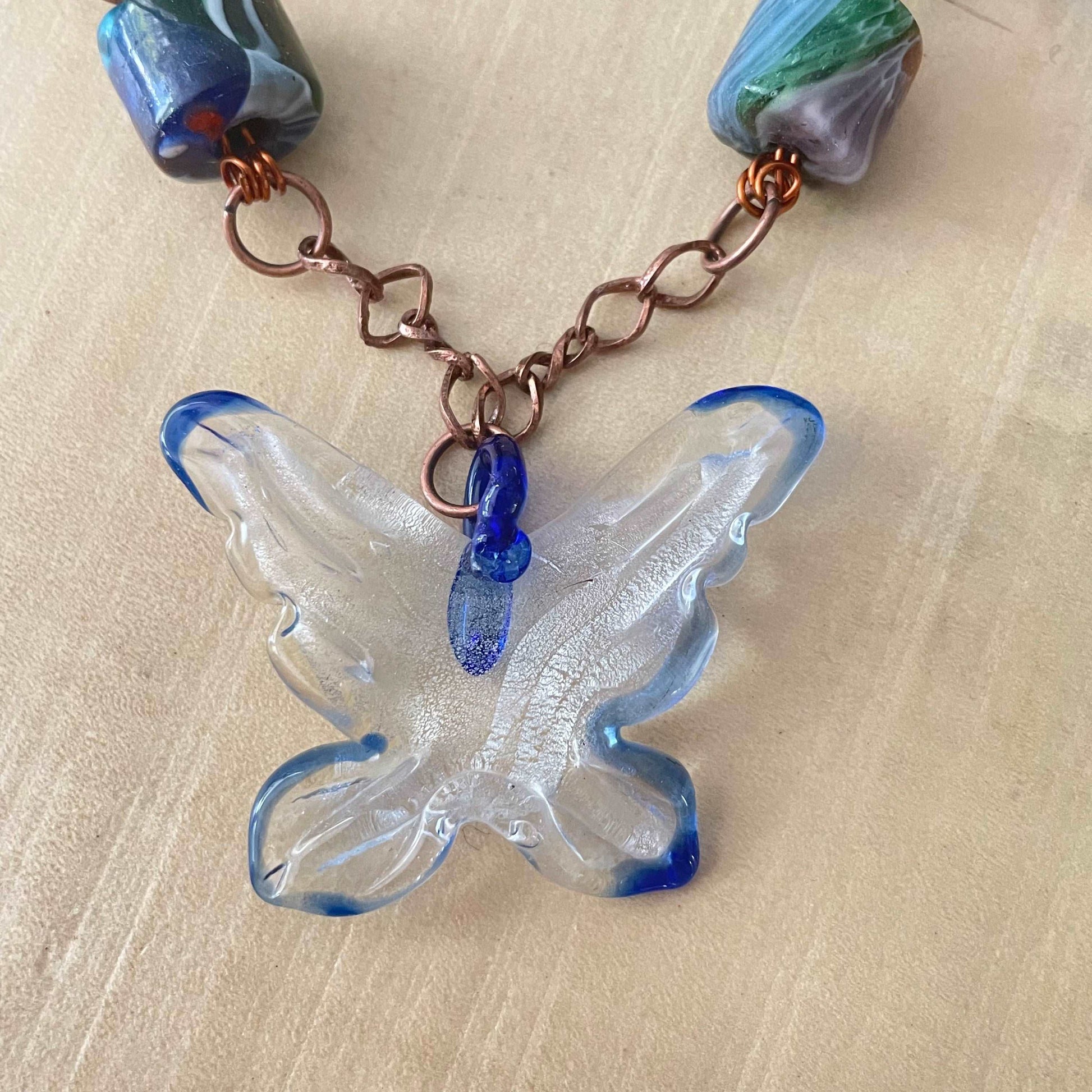 Molded Glass Butterfly & Millefiori Glass Chunky Bead Pendant Statement Necklace Copper Spring Summer Boho