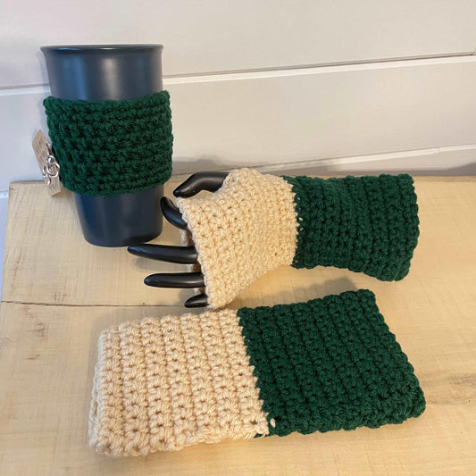 Extra Warm Gift Set Fingerless Gloves Cup Cozy Hunter Green Cream Colorblock Crochet Knit Fall Winter Boho Bohemian Handmade 2 Piece Accessory