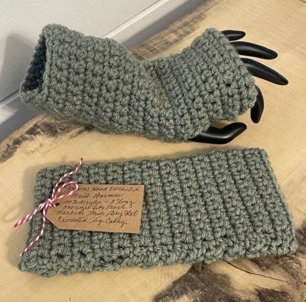 Gaming Texting Fingerless Gloves Eucalyptus Green Gray Grey Crochet Knit Fall Winter Writing Tech Wrist Warmers