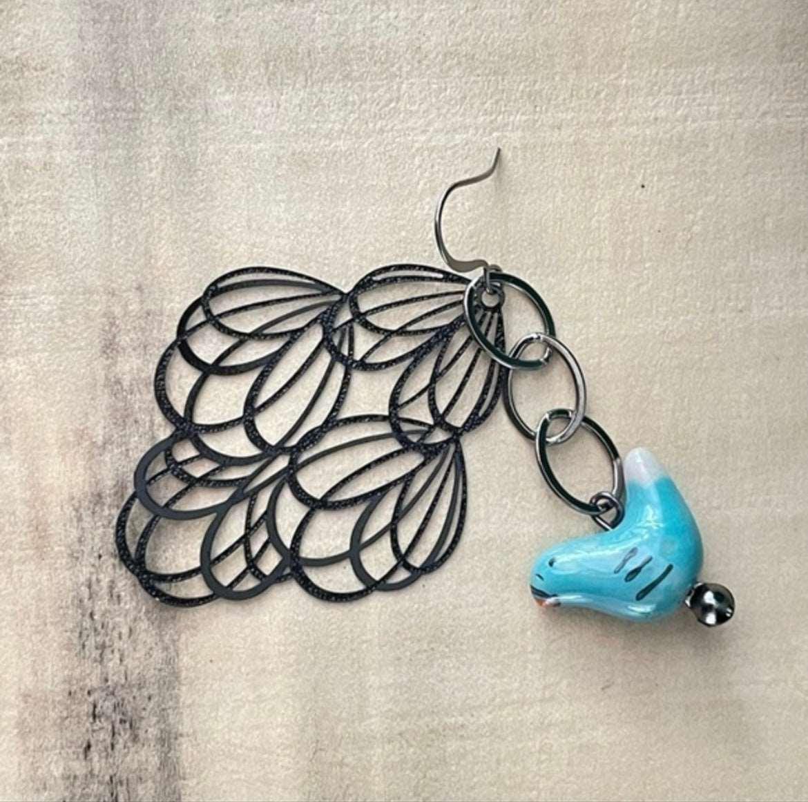 Ceramic Blue Bird & Black Filigree Statement Dangle Earrings 2.5” Chain Mixed Metal Art Deco