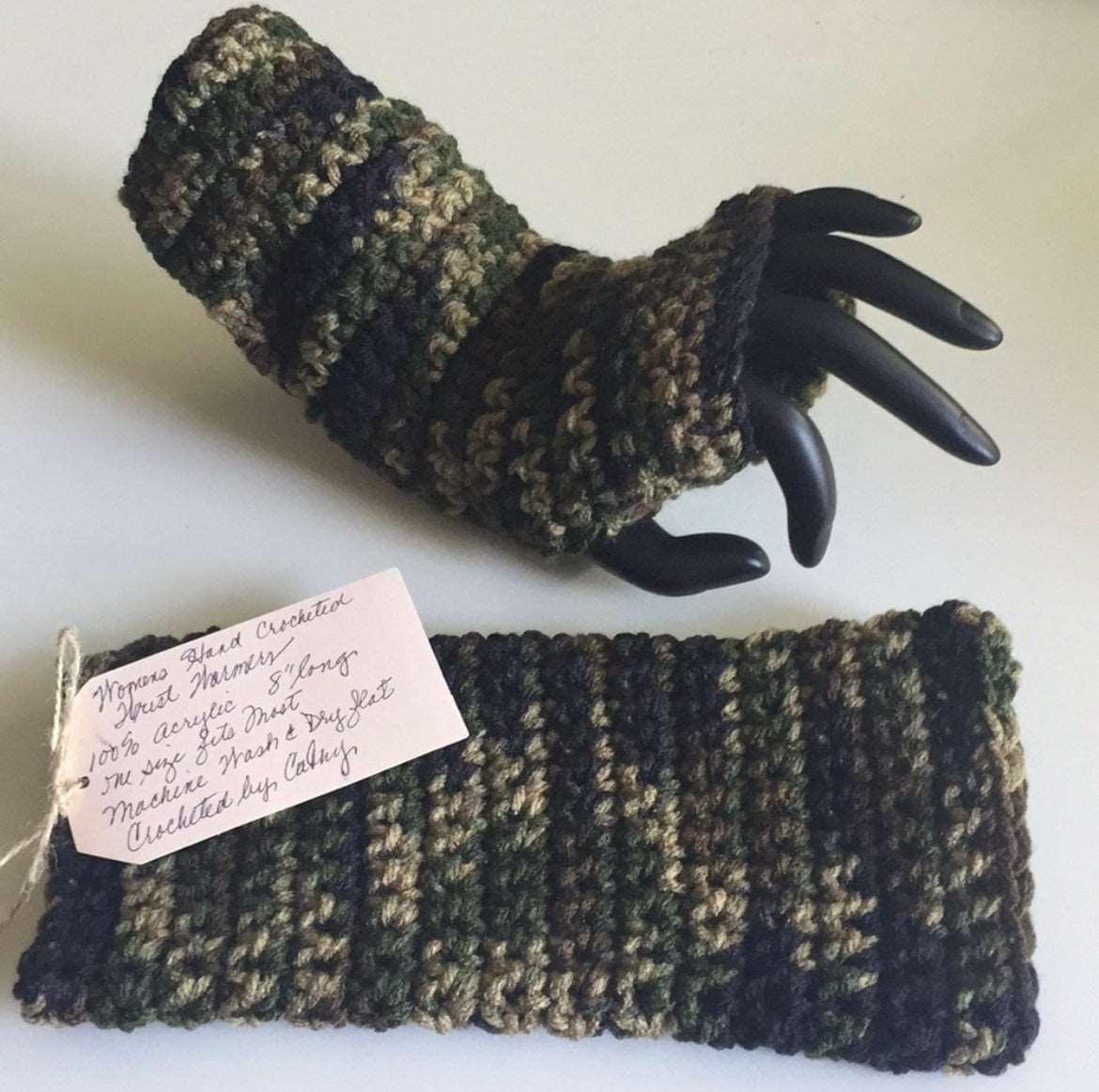 Camo Gaming Texting Fingerless Gloves Camouflage Marbled Dark Greens Browns Crochet Knit Fall Winter Writing Tech Wrist Warmers