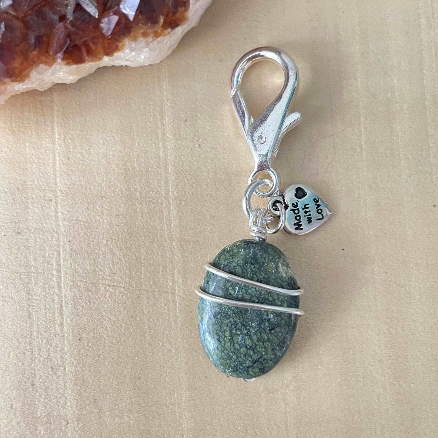 Green Lace Stone Oval & Wire Wrap Accent Green Black Marbled Pet Collar Charms Made With Love Cat Dog Furbaby Pet Accessory
