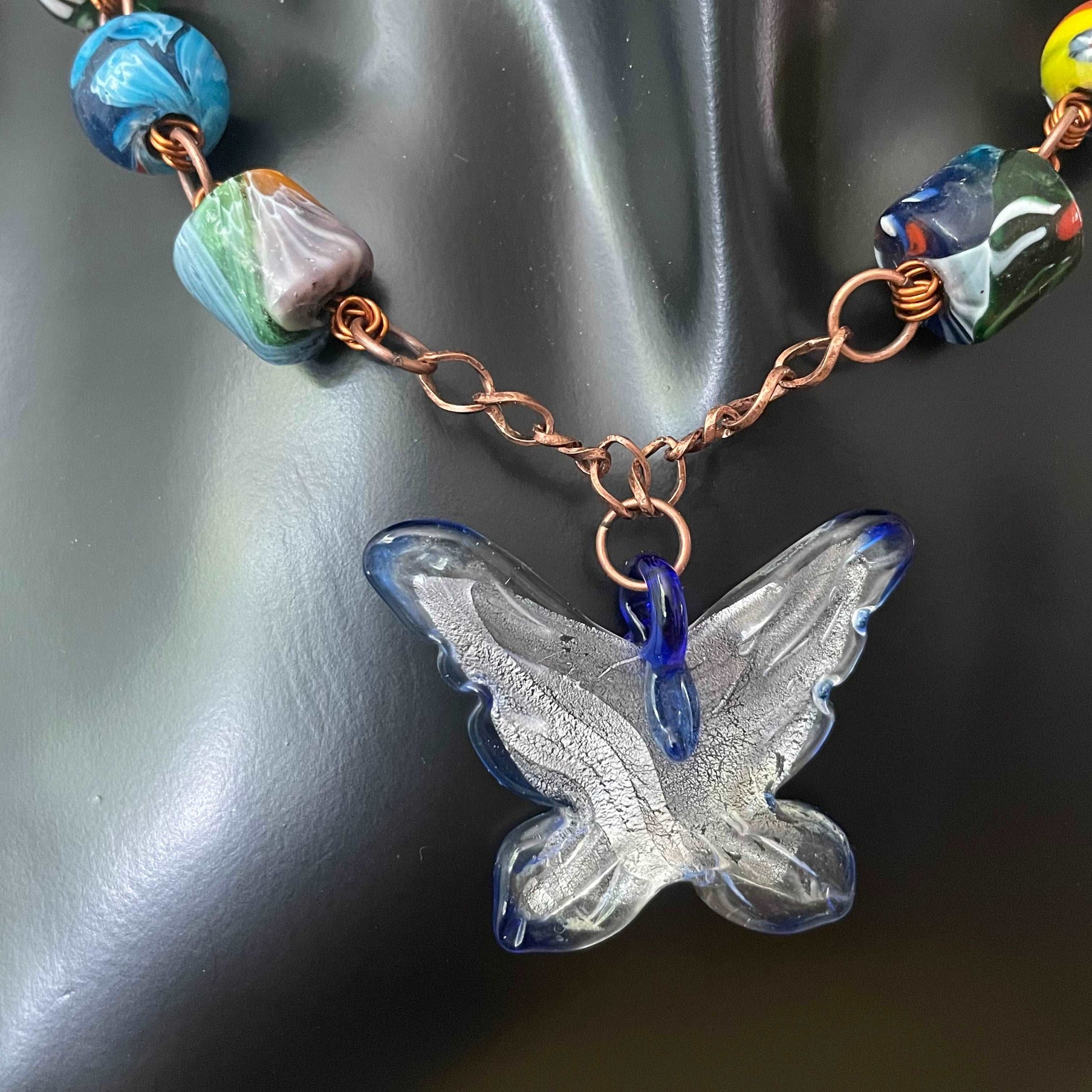 Molded Glass Butterfly & Millefiori Glass Chunky Bead Pendant Statement Necklace Copper Spring Summer Boho