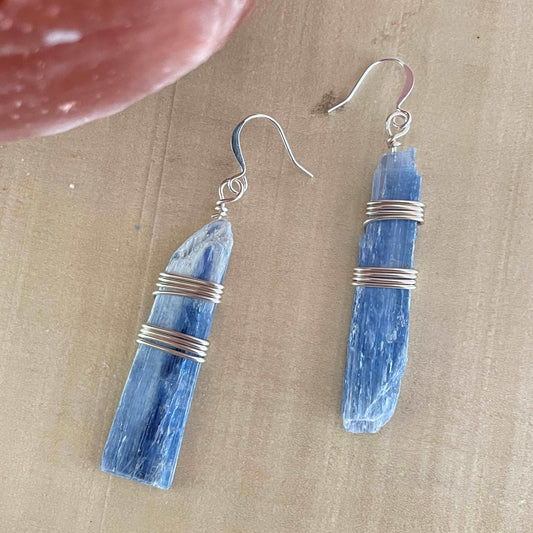 Wrapped Blue Kyanite Statement Earrings 2.5” Handmade Boho