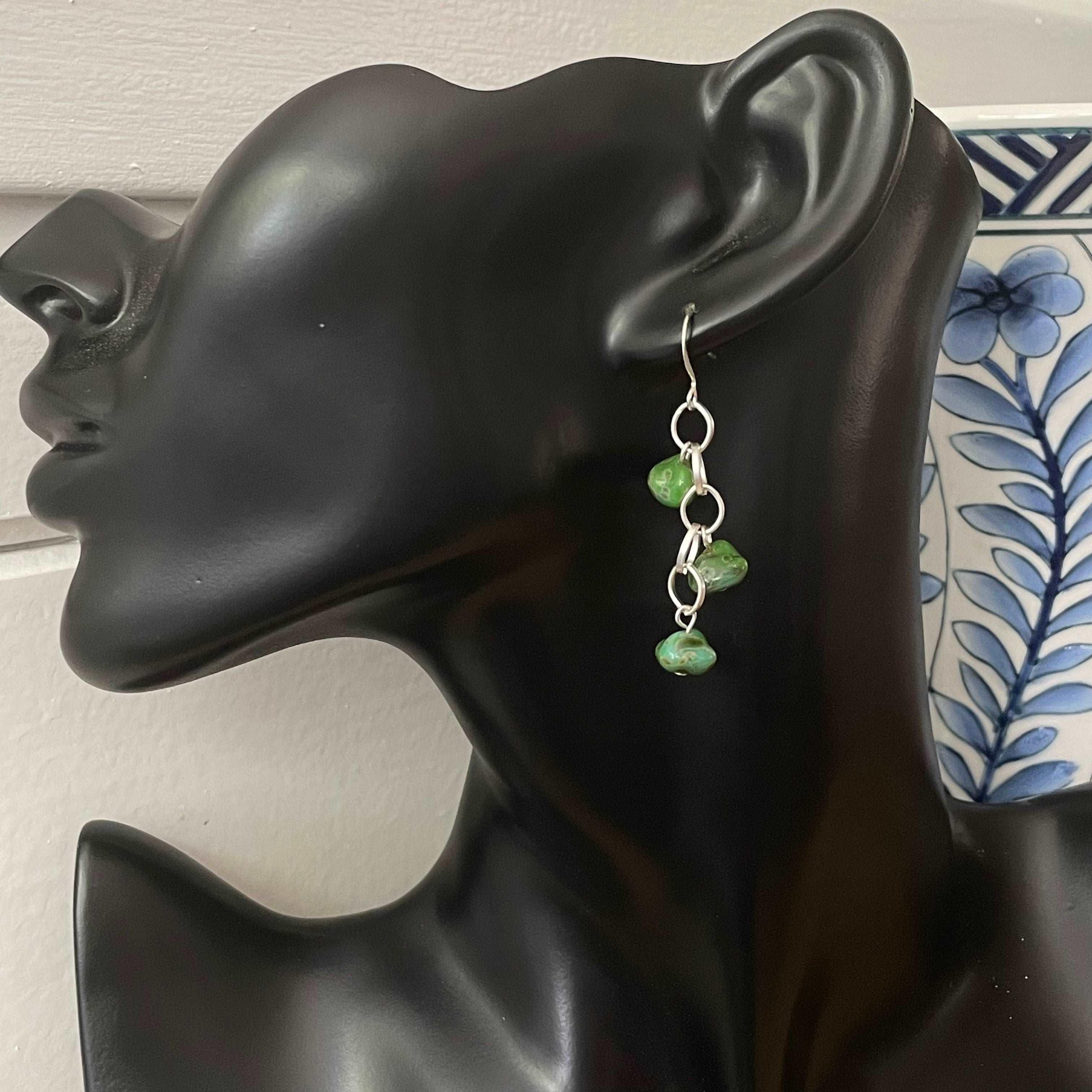 Abstract Green Glass Bead & Matte Chain Dangle Earrings 2" Spring Summer--displayed on a solid black bust