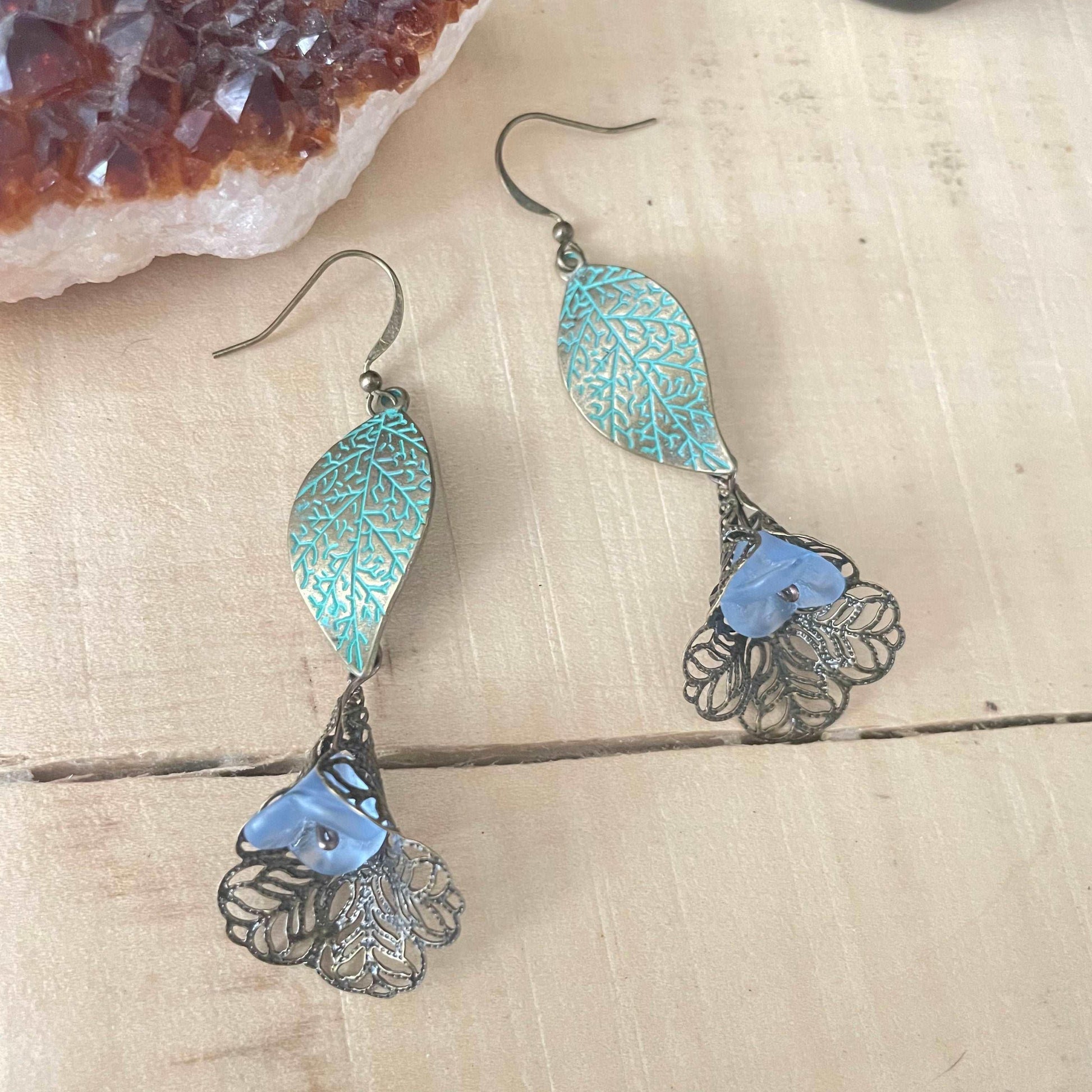 Antiqued Brass Leaf & Pastel Blue Flower Earrings 3" Abstract Peacock