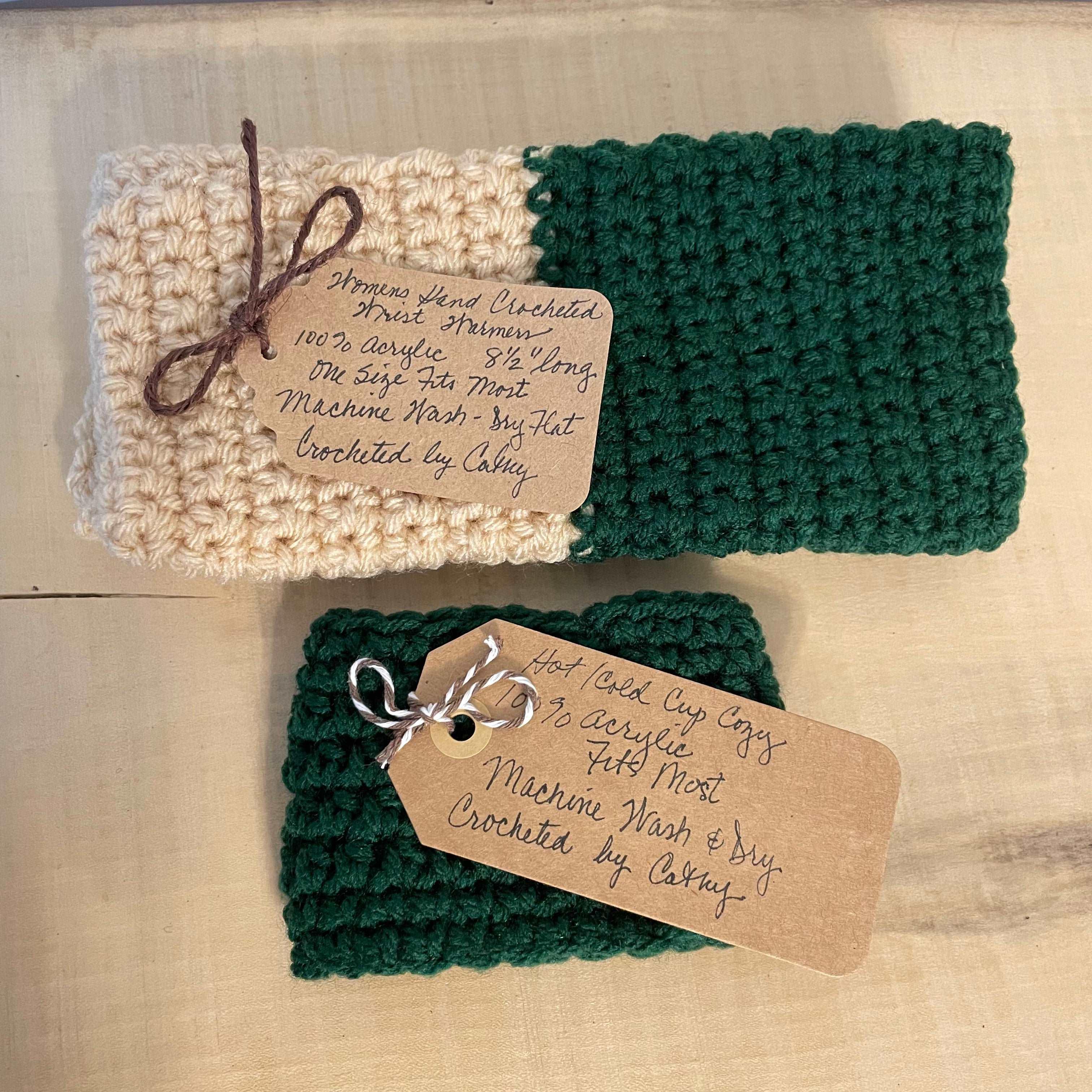 Extra Warm Gift Set Fingerless Gloves Cup Cozy Hunter Green Cream Colorblock Crochet Knit Fall Winter Boho Bohemian Handmade 2 Piece Accessory