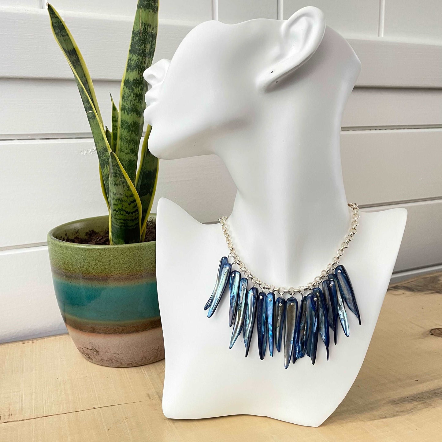 Long Dangling Shell Statement Necklace Blue & Silver Coastal