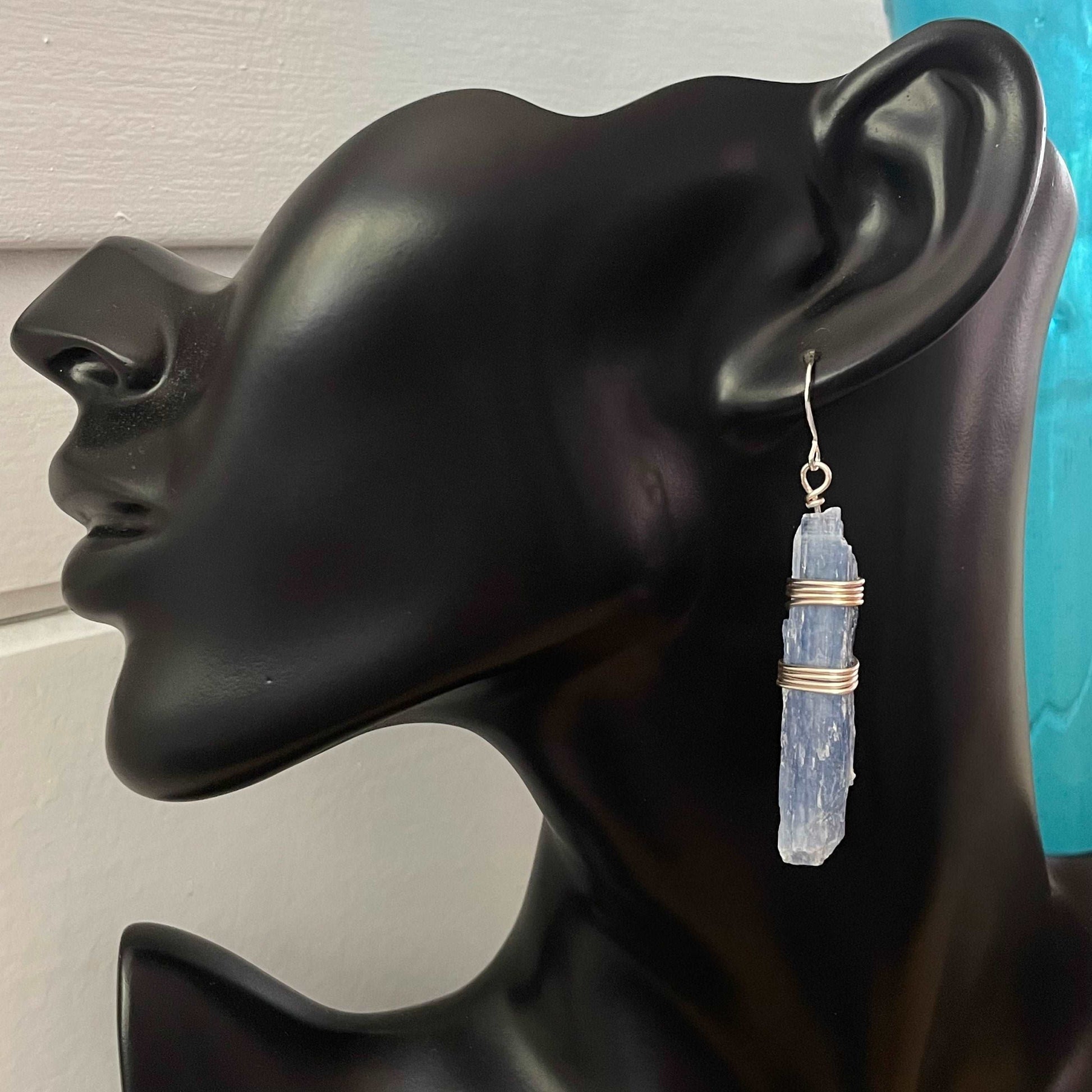 Wrapped Blue Kyanite Statement Earrings 2.5” Handmade Boho